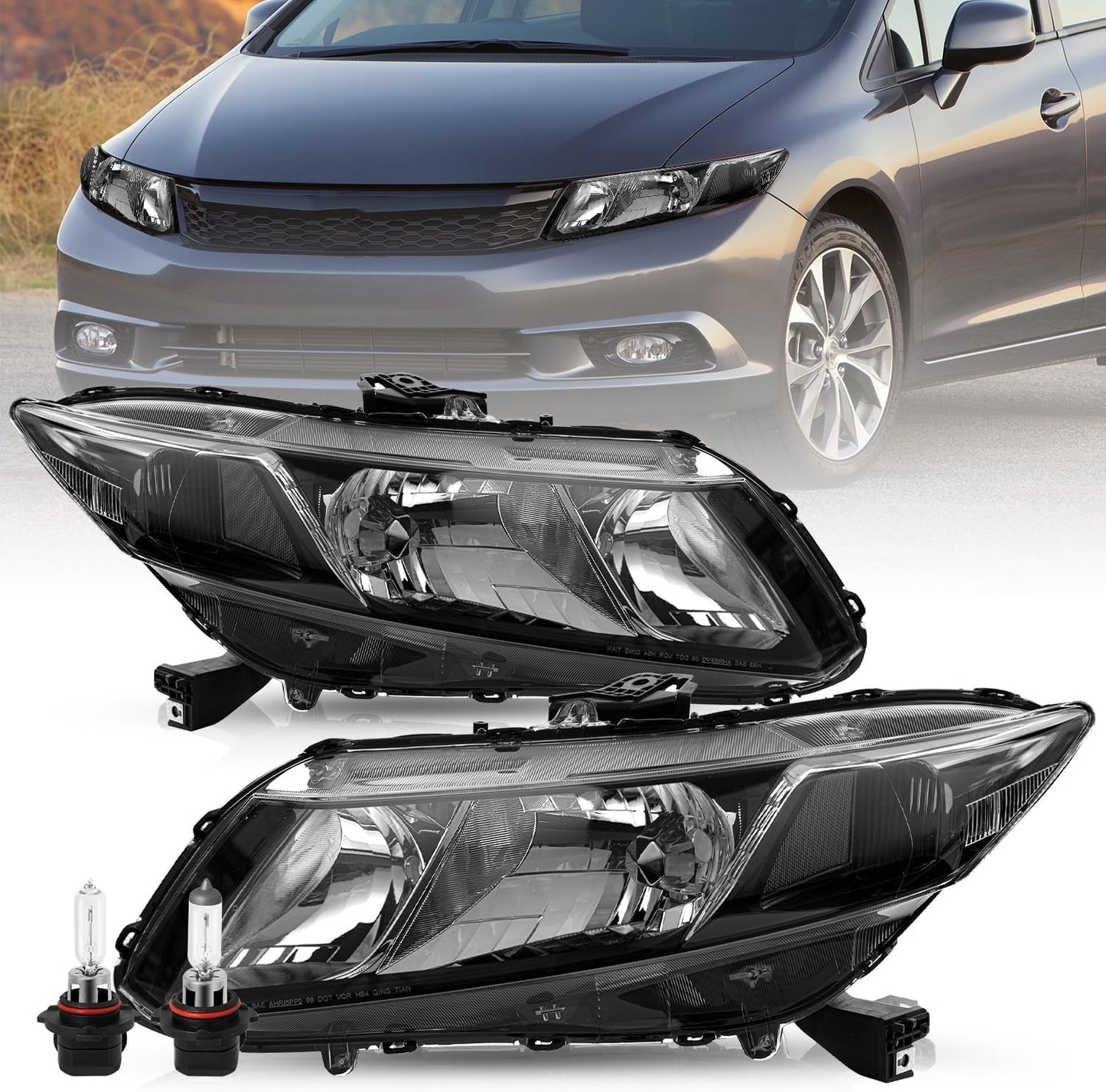 Headlight Assembly [Bulbs Included] for 2012-2015 Honda Civic 4-Door Sedan / 2012-2013 Honda Civic 2-Door Coupe OEM Halogen Headlamp Replacement Set，Black Housing with Clear Reflector (L+R)