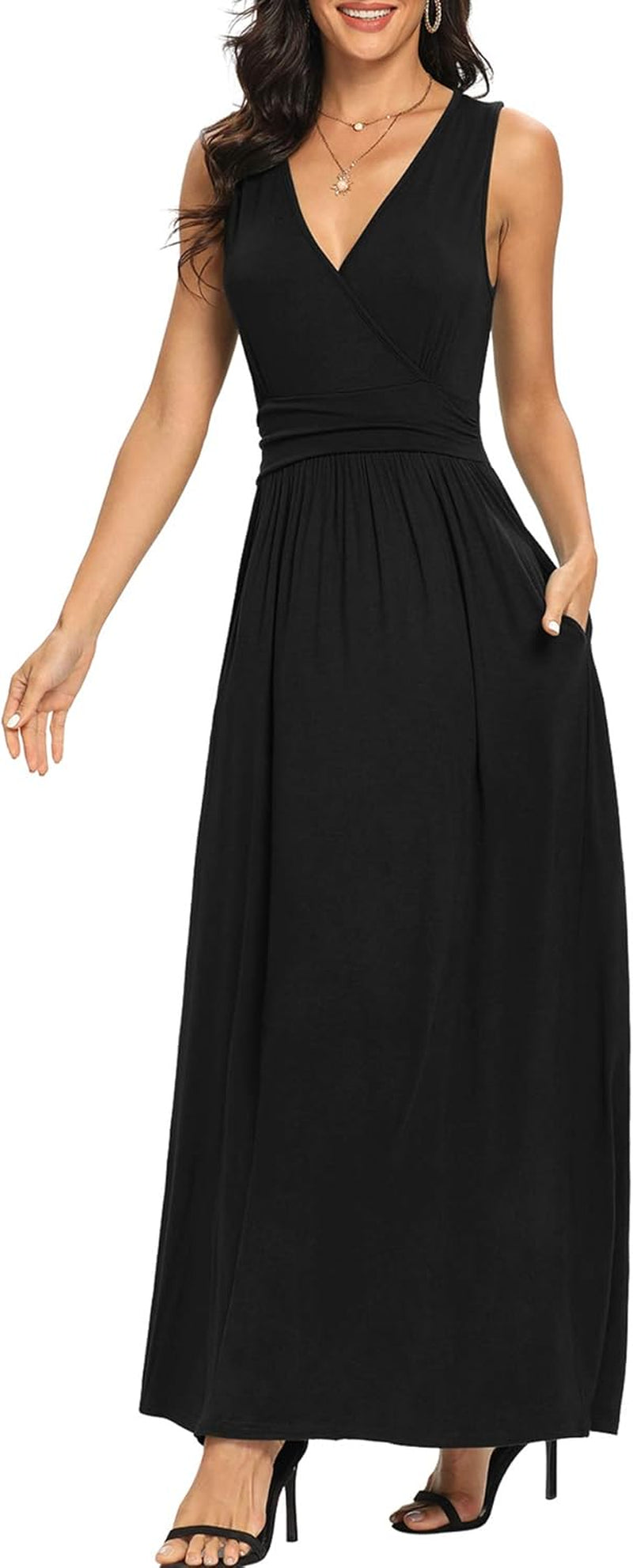 Women Sleeveless Deep V Neck Loose Plain Long Maxi Casual Dress