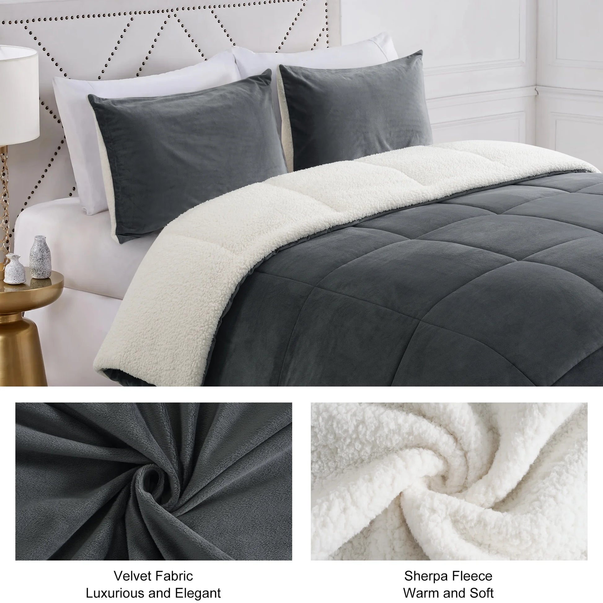 Queen Ultra-Soft Micromink Sherpa 3-Piece Comforter Bed Set, Luxury Plush Quilted down Alternative Comforter Reversible Duvet with 2 Pillowcases (Dark Grey, Queen)