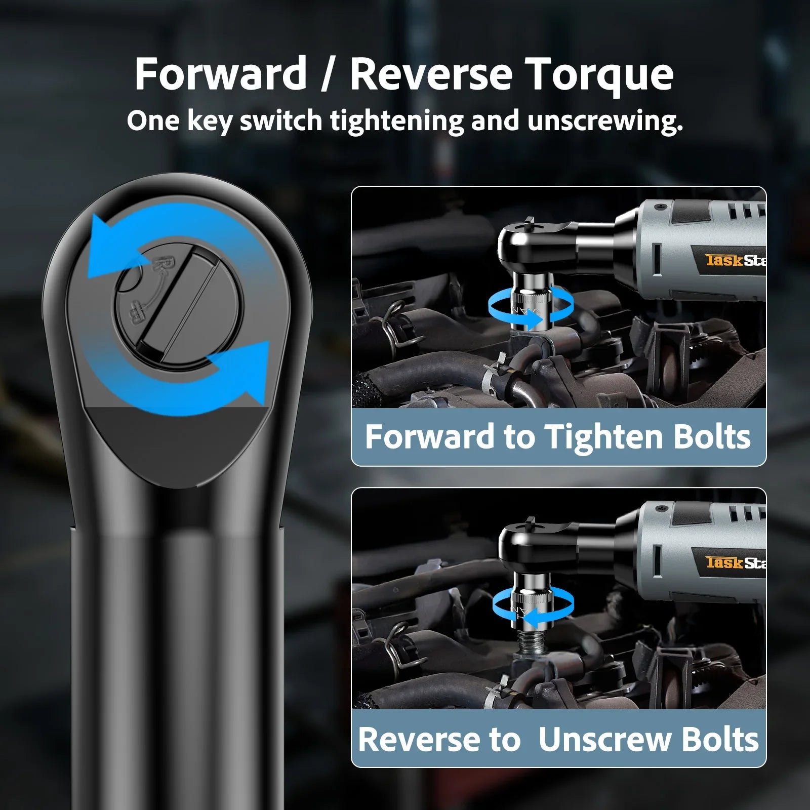 Taskstar Cordless Ratchet Wrench Kit 3/8-Inch Ratchet 40N.M(Max) Electric Power Angle Wrench with Variable Speed Trigger 0-200 RPM, Handheld Car Disassembly Tool with 2 Packs 2000Mah Lithium-Ion Battery&1 Charger&7 Sockets