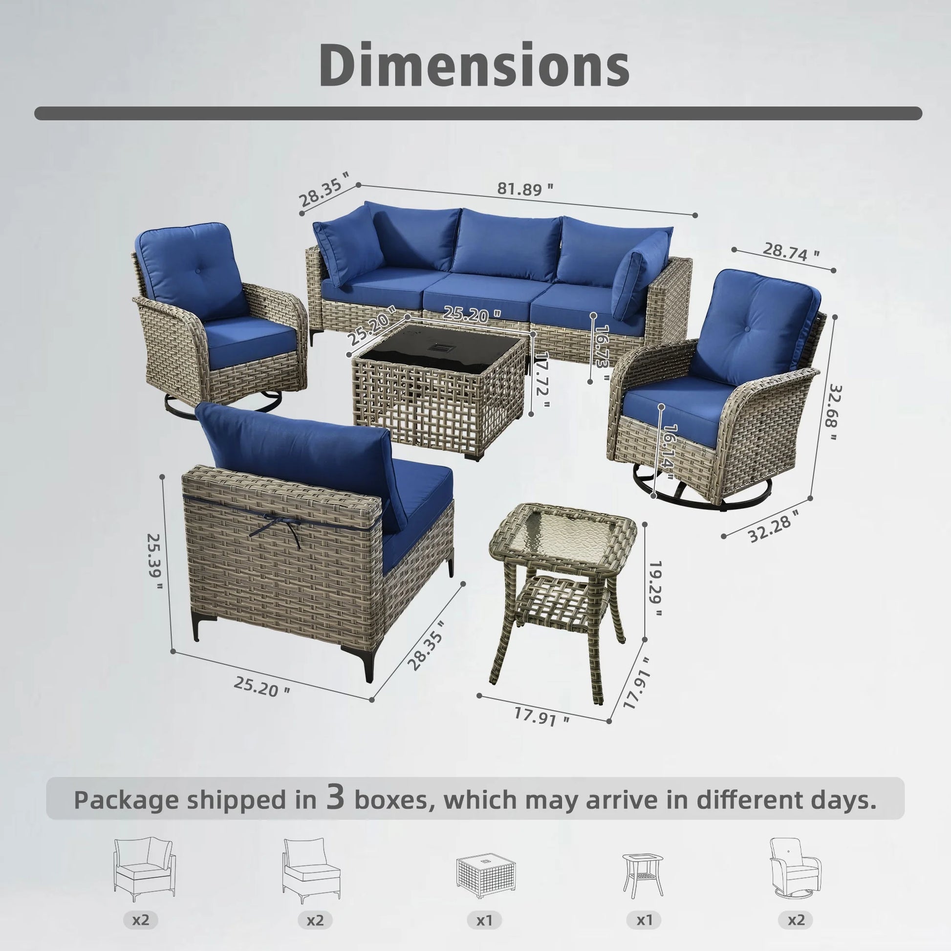 8 Pieces Patio Furniture Outdoor Conversation Set Rattan Wicker outside Sectional Sofa with Swivel Chairs & Solar Light Table, Navy Blue