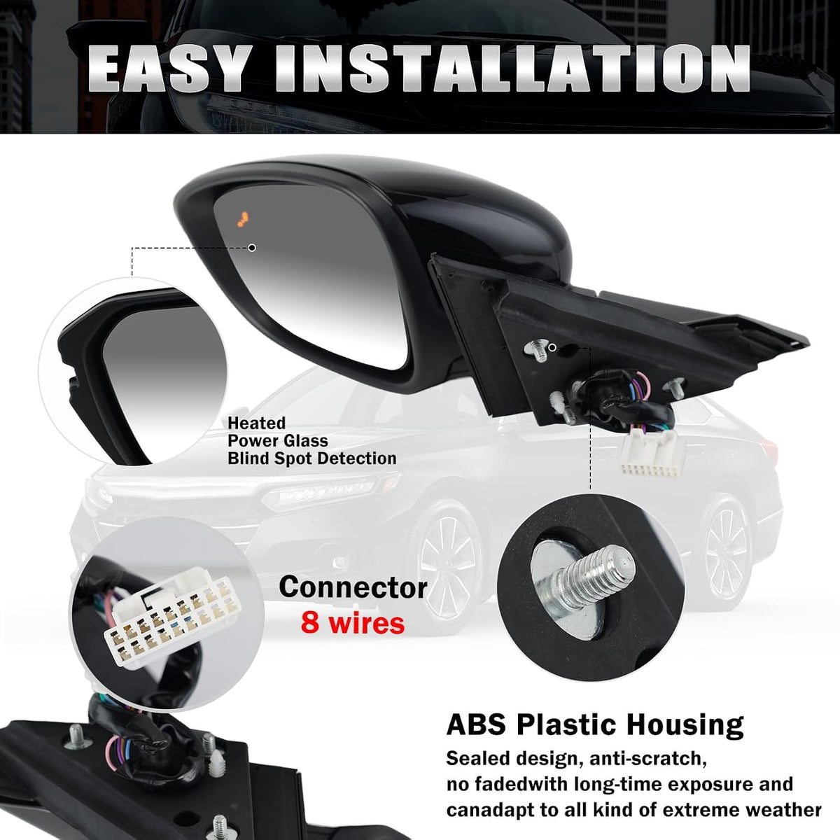 Left Driver Side Mirror Compatible with Honda Accord 2018-2022 with Turn Signal Light Power Glass Heated with Blind Spot Detection 8-Pins Replaces 76251TVAA31ZJ | 76258TVAA42