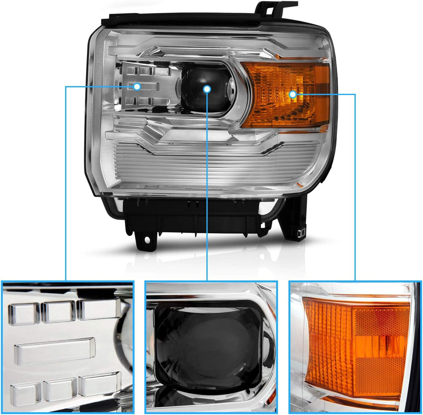 For 2014-2015 GMC Sierra 1500/15-2017 2500HD 3500HD Black Square Projector Replacement Headlights Assembly Pair - Passenger and Driver Side
