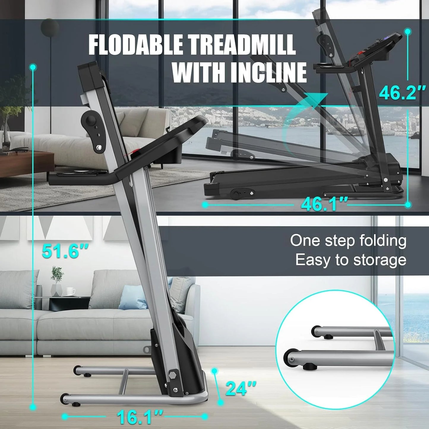 Foldable Treadmill with Incline , 2.5HP Electric Folding Treadmill Running Walking Machine for Home Gym, Max 265 LBS Weight Capacity