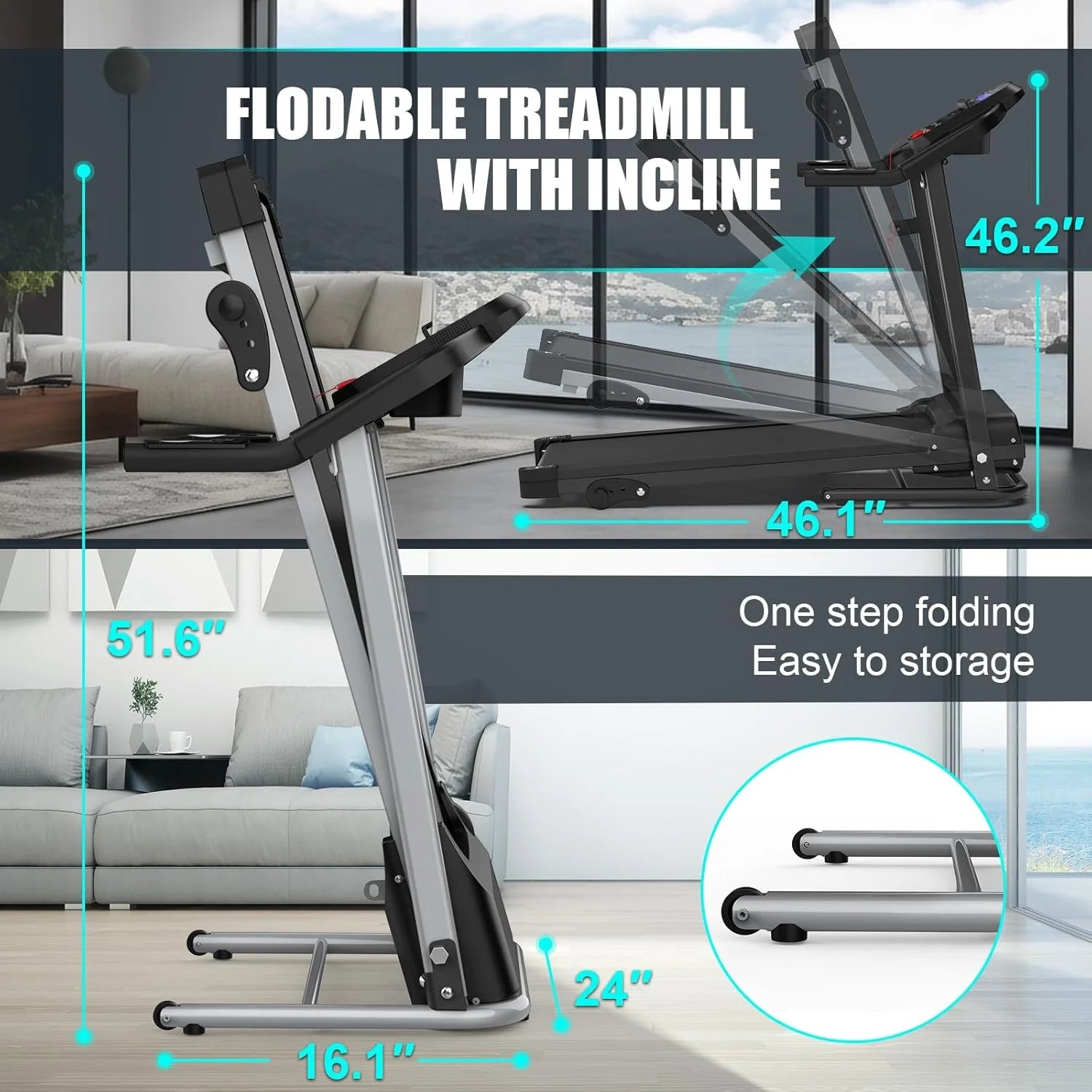 Foldable Treadmill with Incline , 2.5HP Electric Folding Treadmill Running Walking Machine for Home Gym, Max 265 LBS Weight Capacity