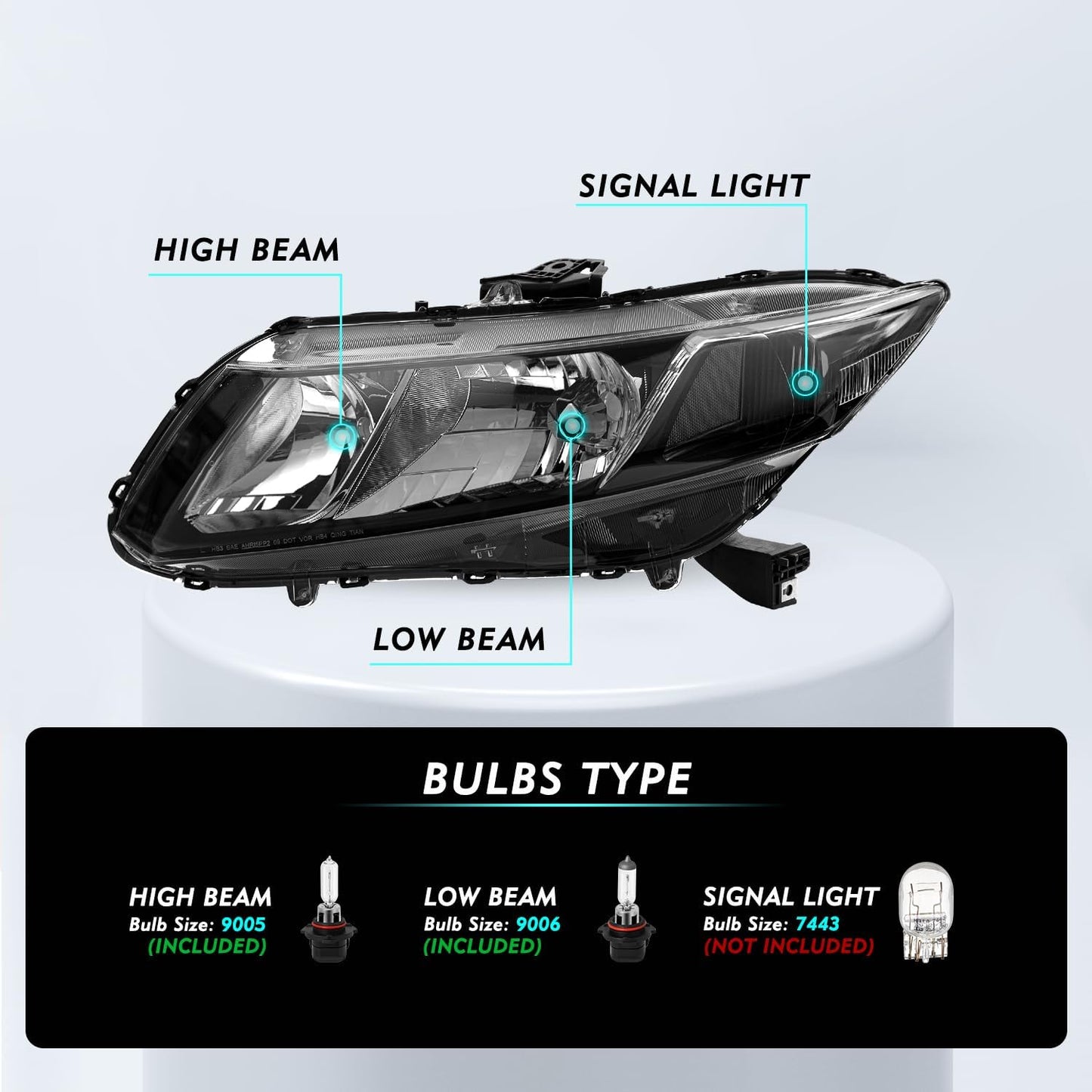 Headlight Assembly [Bulbs Included] for 2012-2015 Honda Civic 4-Door Sedan / 2012-2013 Honda Civic 2-Door Coupe OEM Halogen Headlamp Replacement Set，Black Housing with Clear Reflector (L+R)