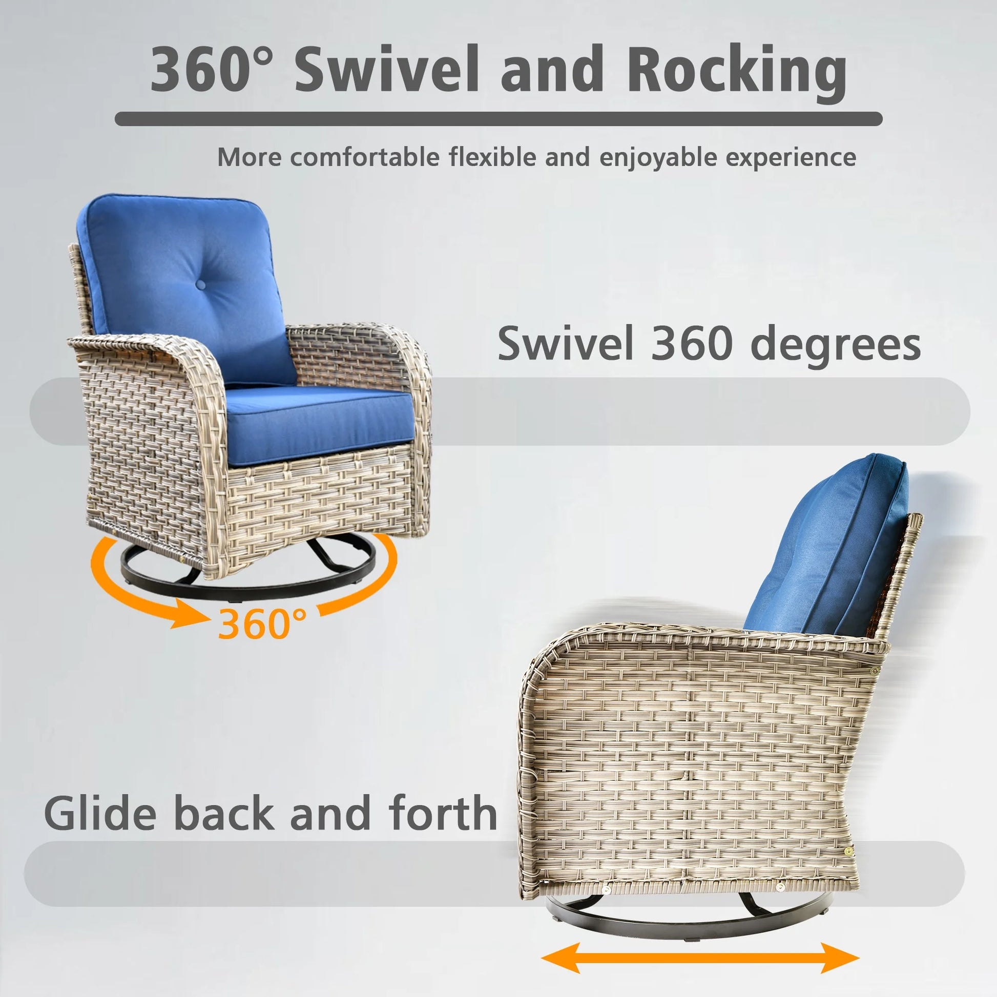 8 Pieces Patio Furniture Outdoor Conversation Set Rattan Wicker outside Sectional Sofa with Swivel Chairs & Solar Light Table, Navy Blue