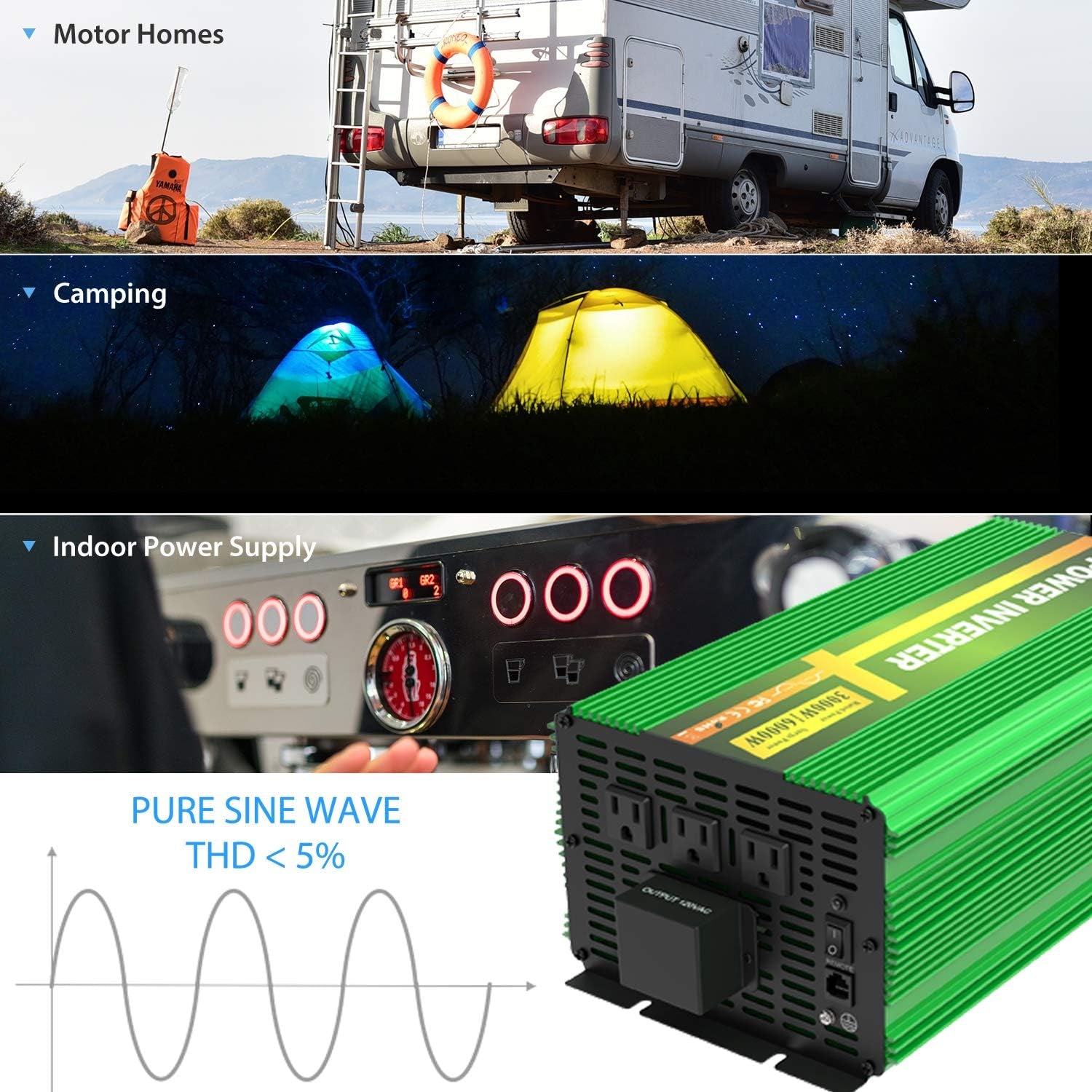 3000 Watt 24 Volts Power Inverter Pure Sine Wave 3000W DC 24V to 120V AC Solar Inverter with 3 Outlets and AC Terminal Block