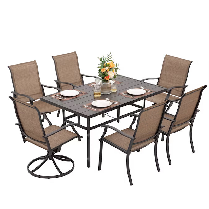 7 -Piece Black Patio Dining Set Iron Rectangle Table with 6 Brown Stationary and Motion Chairs