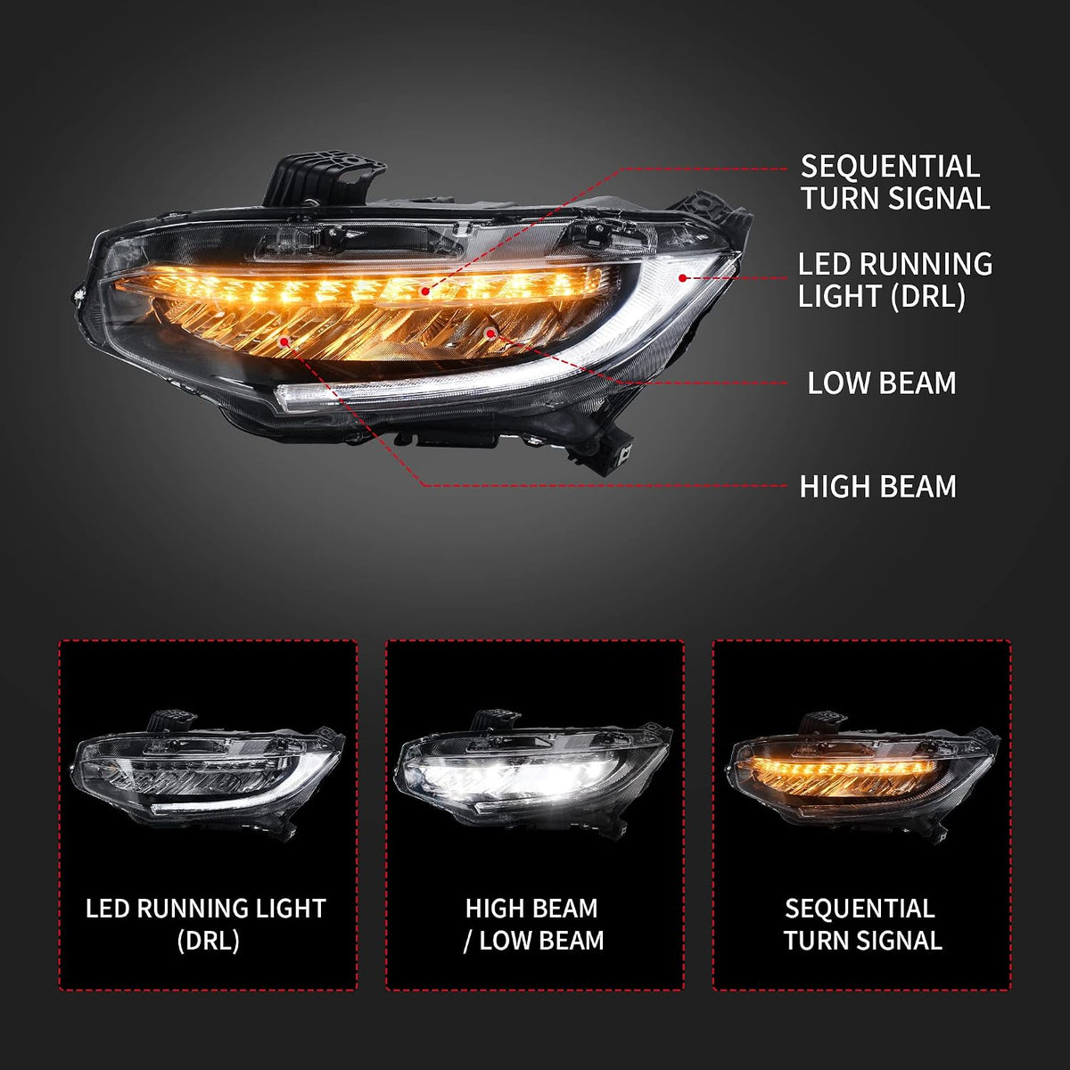 VLAND LED Headlights Assembly Compatible for 10TH Gen Honda Civic Sedan/Coupe/Hatchback/Type R 2016 2017 2018 2019 2020 2021, W/Sequential Turn Signal, LED Drls, H/L Beam Lens