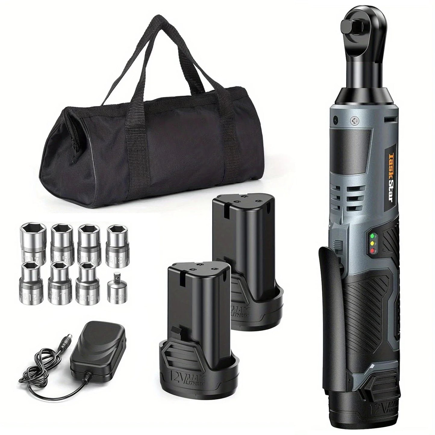 Taskstar Cordless Ratchet Wrench Kit 3/8-Inch Ratchet 40N.M(Max) Electric Power Angle Wrench with Variable Speed Trigger 0-200 RPM, Handheld Car Disassembly Tool with 2 Packs 2000Mah Lithium-Ion Battery&1 Charger&7 Sockets