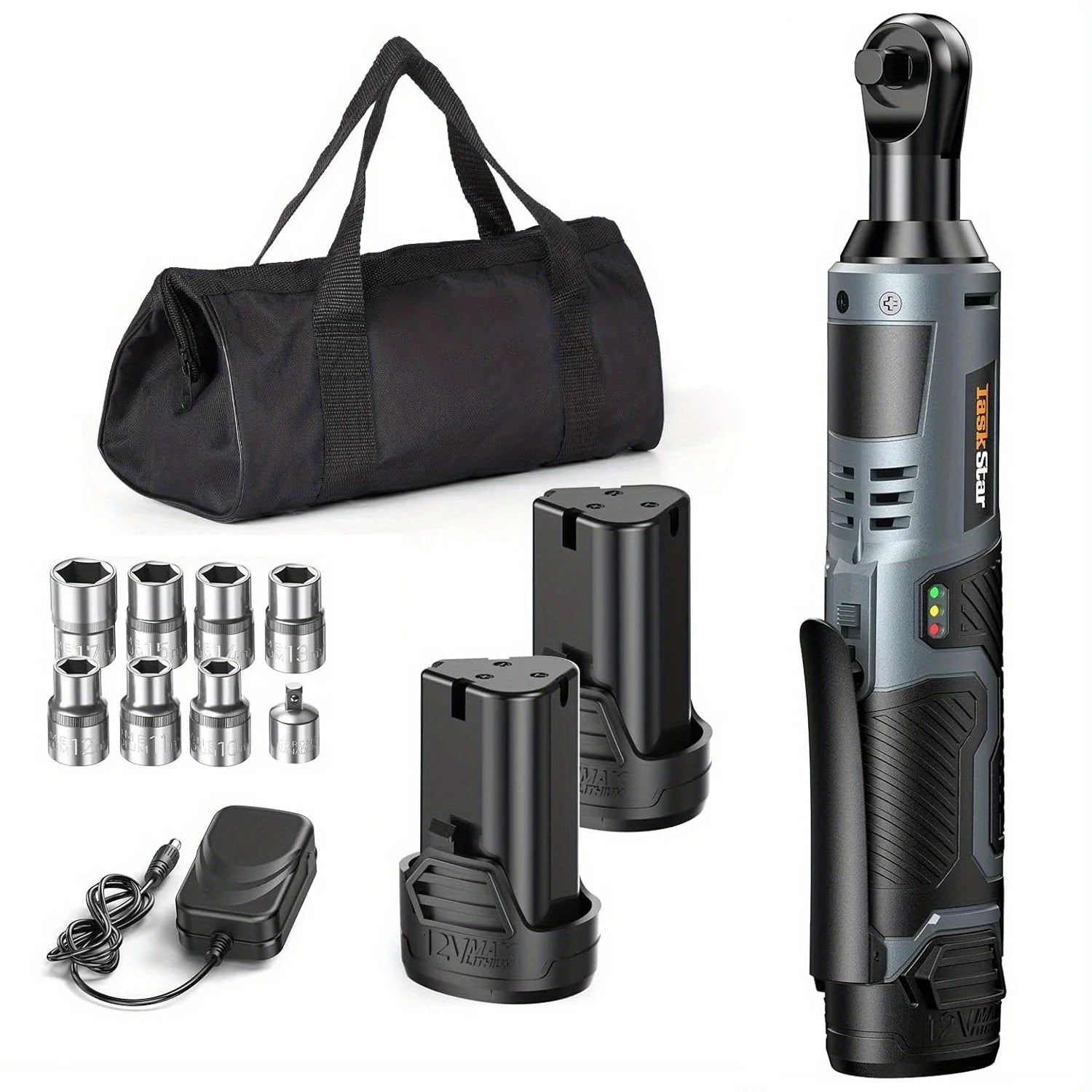 Taskstar Cordless Ratchet Wrench Kit 3/8-Inch Ratchet 40N.M(Max) Electric Power Angle Wrench with Variable Speed Trigger 0-200 RPM, Handheld Car Disassembly Tool with 2 Packs 2000Mah Lithium-Ion Battery&1 Charger&7 Sockets