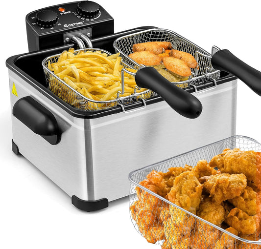 Deep Fryer with Basket, 5.3Qt Stainless Steel Electric Oil Fryer W/Adjustable Temperature, Timer, Lid with View Window, Professional Style, Deep Fryer Pot for Home Use, French Fries, Chicken