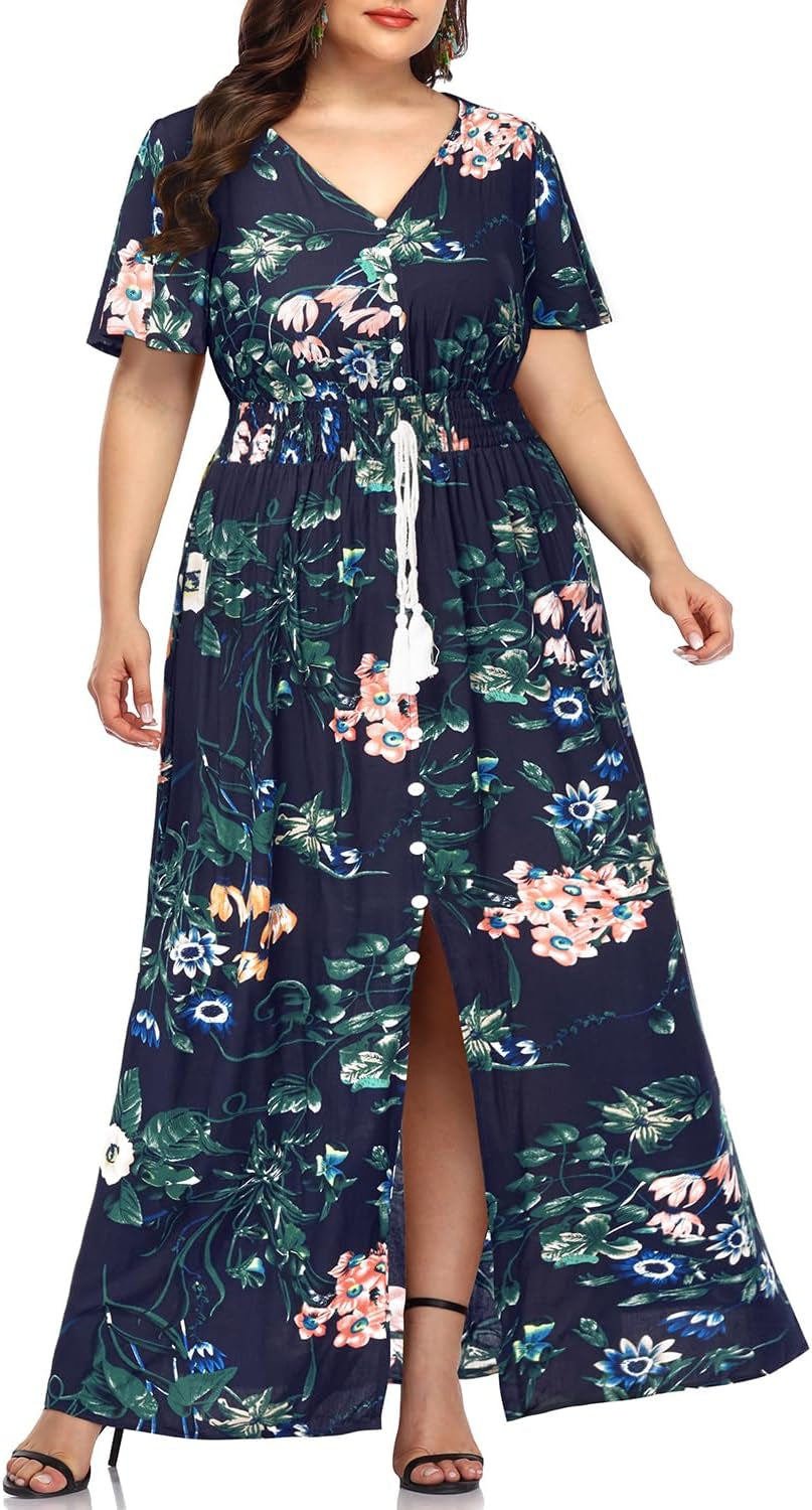 Women'S plus Size Floral Print Button up Short Sleeve Split Flowy Beach Party Maxi Dress