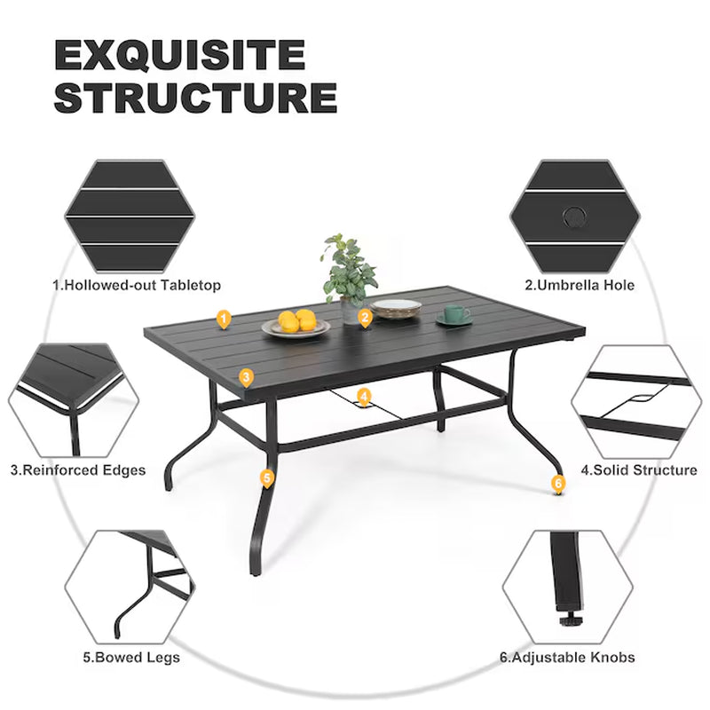 7 -Piece Black Patio Dining Set Iron Rectangle Table with 6 Brown Stationary and Motion Chairs