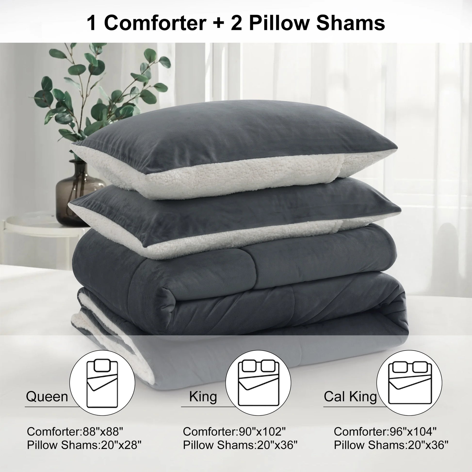 Queen Ultra-Soft Micromink Sherpa 3-Piece Comforter Bed Set, Luxury Plush Quilted down Alternative Comforter Reversible Duvet with 2 Pillowcases (Dark Grey, Queen)