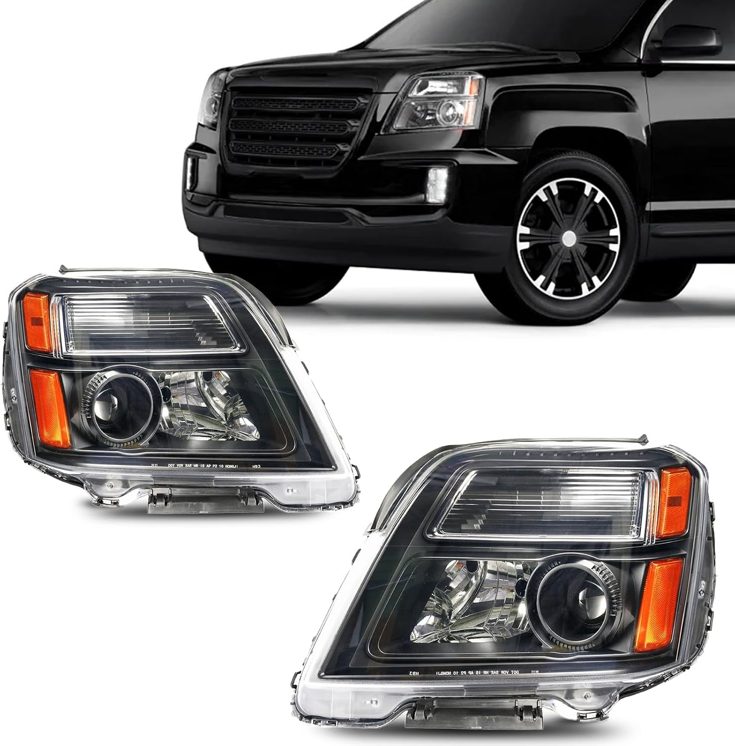 Headlights Assembly for 2010 2011 2012 2013 2014 2015 GMC Terrain | Black Housing Clear Lens Amber Reflector,Pair OE Style Halogen Headlamps (Driver & Passenger Side)