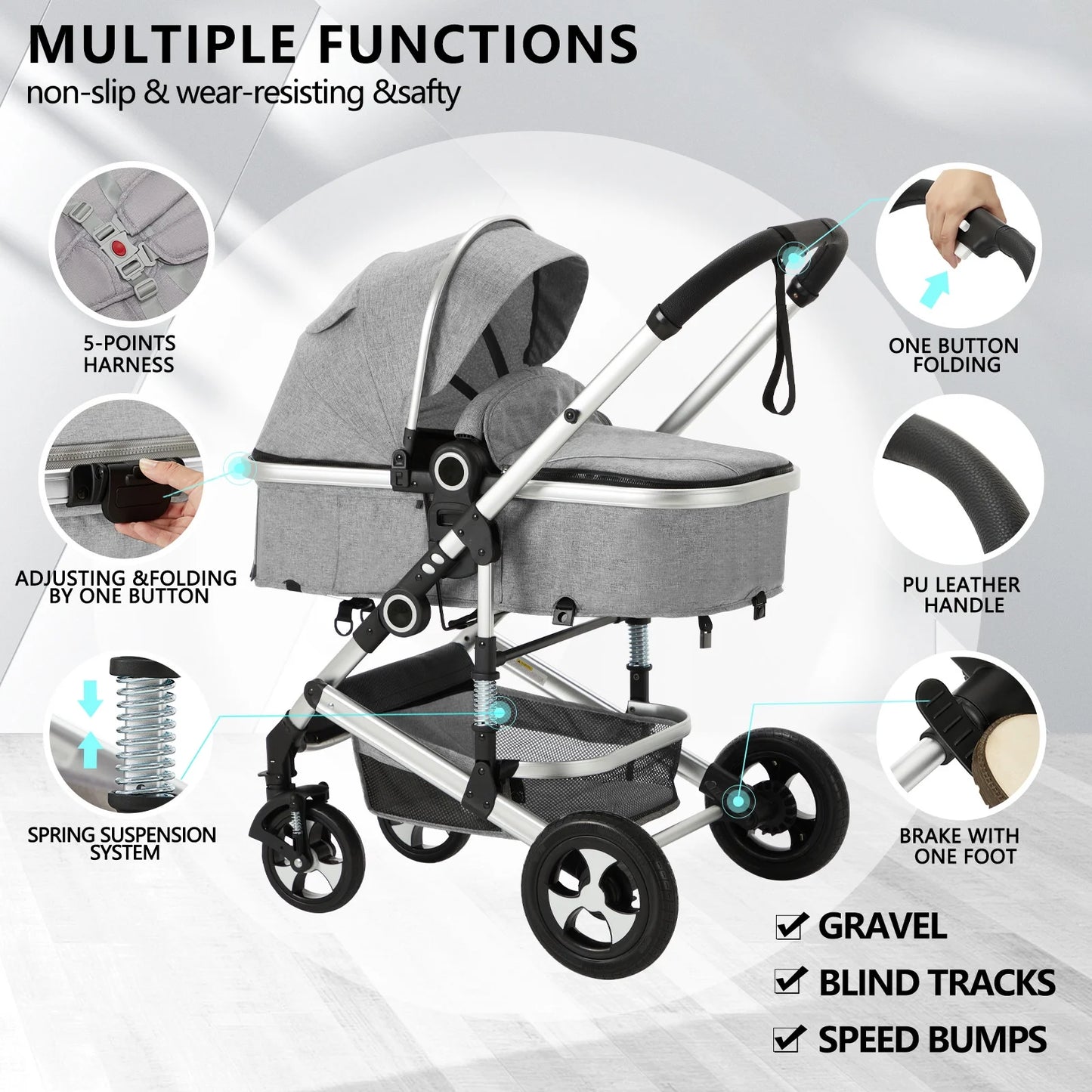 3-In-1 Convertible Baby Stroller with Big Seat and Adjustable Canopy, 24 Pound, Light Grey