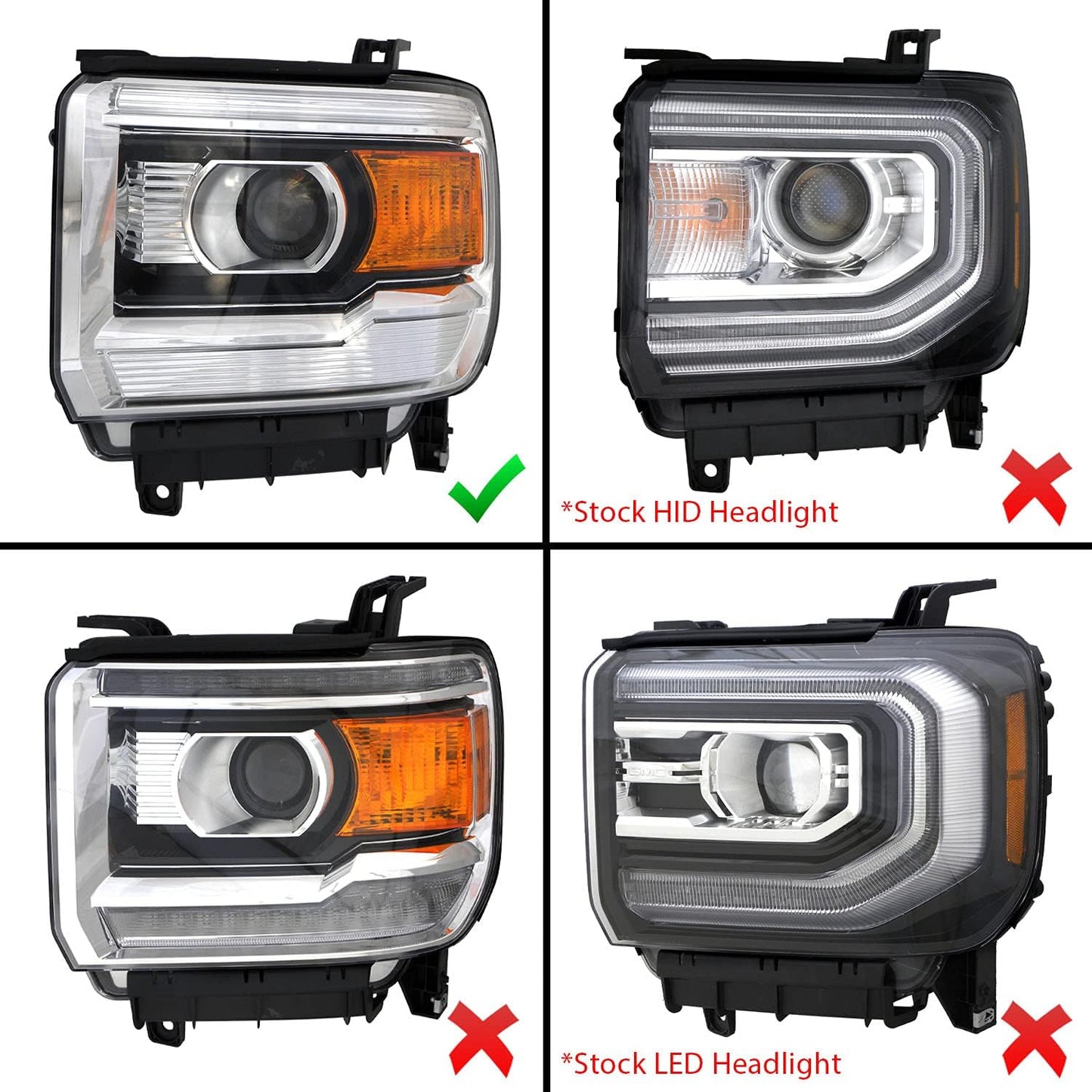 For 2014-2015 GMC Sierra 1500/15-2017 2500HD 3500HD Black Square Projector Replacement Headlights Assembly Pair - Passenger and Driver Side