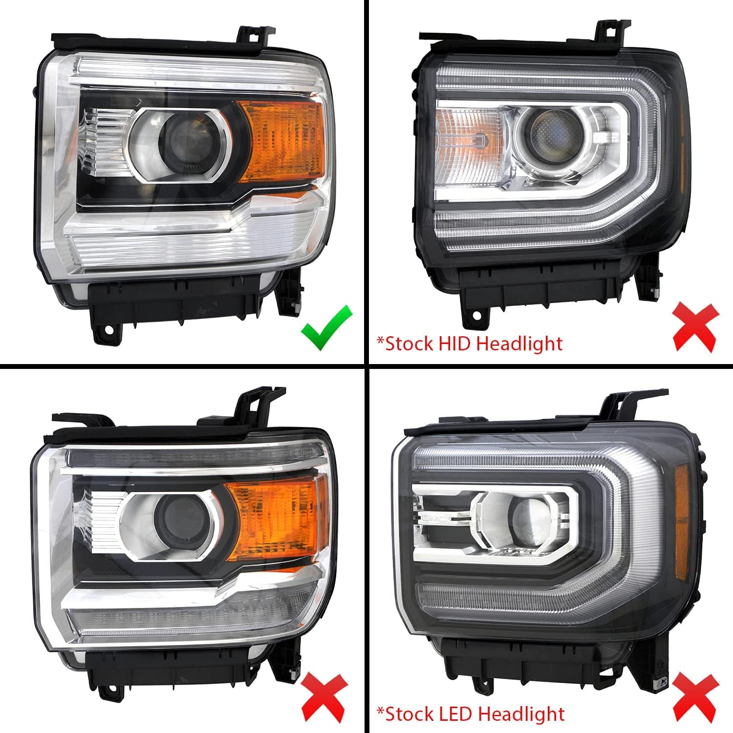For 2014-2015 GMC Sierra 1500/15-2017 2500HD 3500HD Black Square Projector Replacement Headlights Assembly Pair - Passenger and Driver Side