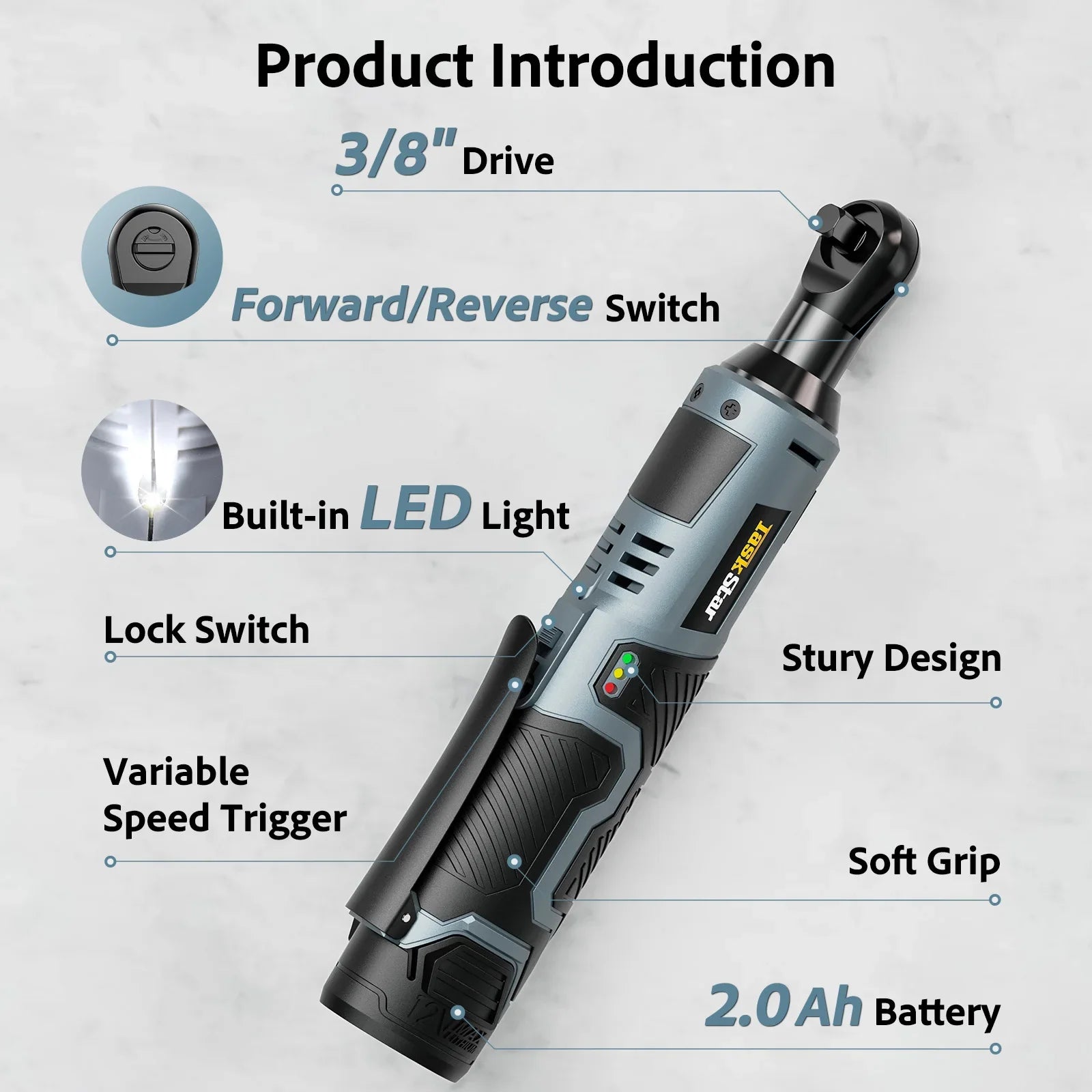 Taskstar Cordless Ratchet Wrench Kit 3/8-Inch Ratchet 40N.M(Max) Electric Power Angle Wrench with Variable Speed Trigger 0-200 RPM, Handheld Car Disassembly Tool with 2 Packs 2000Mah Lithium-Ion Battery&1 Charger&7 Sockets