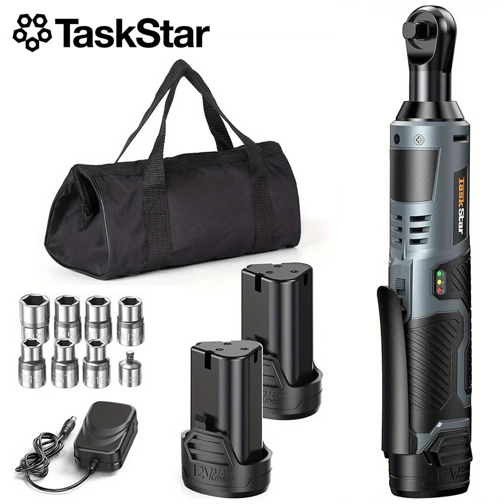 Taskstar Cordless Ratchet Wrench Kit 3/8-Inch Ratchet 40N.M(Max) Electric Power Angle Wrench with Variable Speed Trigger 0-200 RPM, Handheld Car Disassembly Tool with 2 Packs 2000Mah Lithium-Ion Battery&1 Charger&7 Sockets