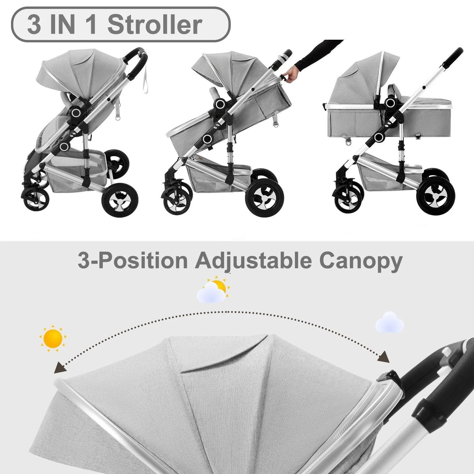 3-In-1 Convertible Baby Stroller with Big Seat and Adjustable Canopy, 24 Pound, Light Grey