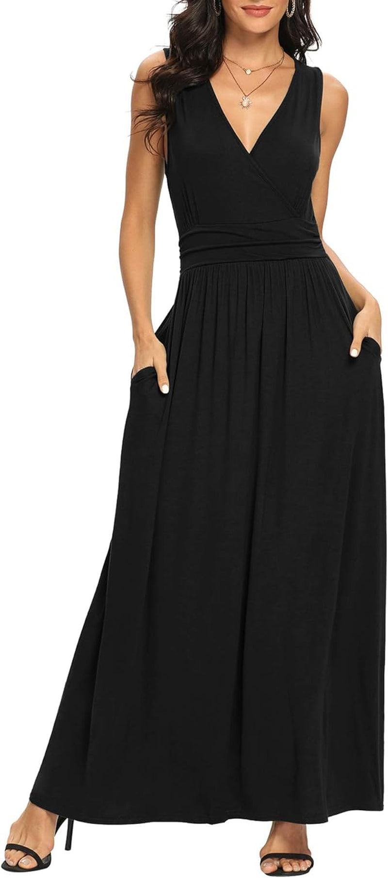 Women Sleeveless Deep V Neck Loose Plain Long Maxi Casual Dress
