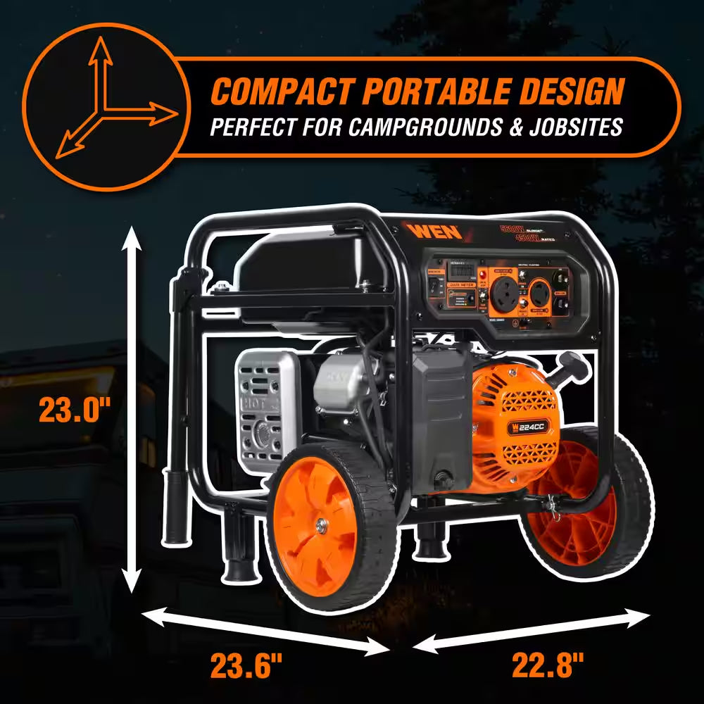 5,600-Watt Portable Gasoline Generator with Wheel Kit, Electric Start, 224Cc, Transfer-Switch, Rv-Ready, and CO Watchdog