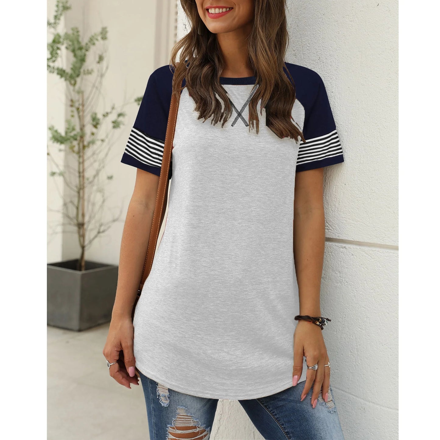 Summer Short Sleeve Tops for Women Color Block Casual Tunic Crew Neck Cute Striped T Shirts White Tees