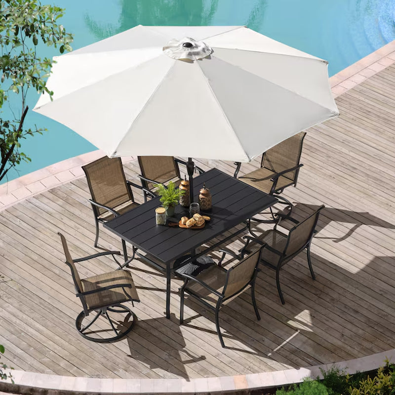 7 -Piece Black Patio Dining Set Iron Rectangle Table with 6 Brown Stationary and Motion Chairs