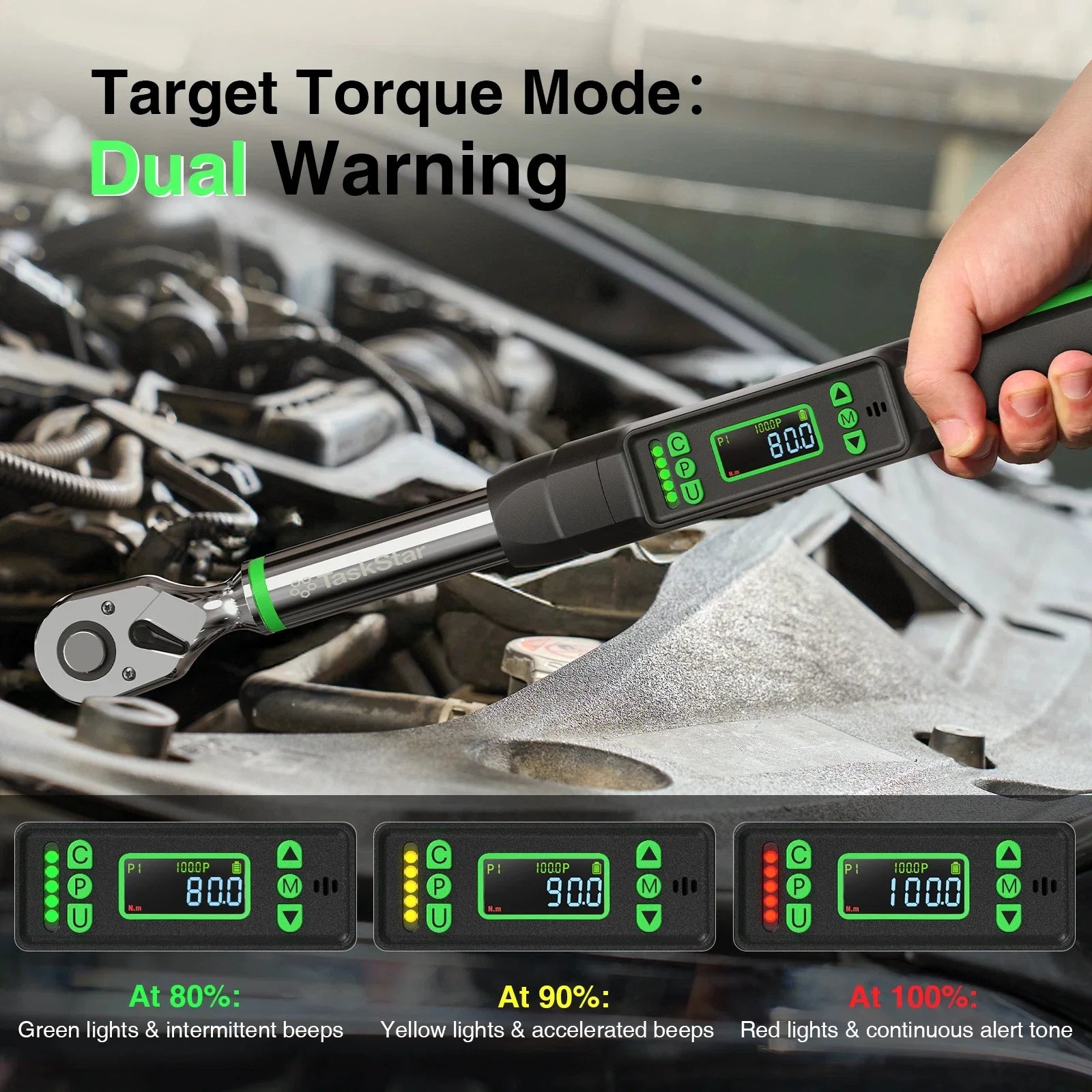 Taskstar 3/8-Inch Digital Torque Wrench with 1/4"&1/2" Adapter, Bidirectional Ratchet Head, ±2% Accuracy Electronic Torque Wrench(0-162Ft-Lbs/0-220N.M), Handheld Wrench Kit for Bicycle/Car/Motorcycle Care, 5 Units of Measure