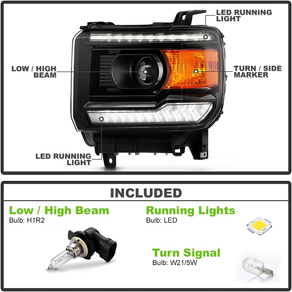 - for 2014-2015 GMC Sierra 1500 2015-2019 2500HD 3500HD Halogen W/O DRL Upgrade LED Tube Headlights Headlamps Set