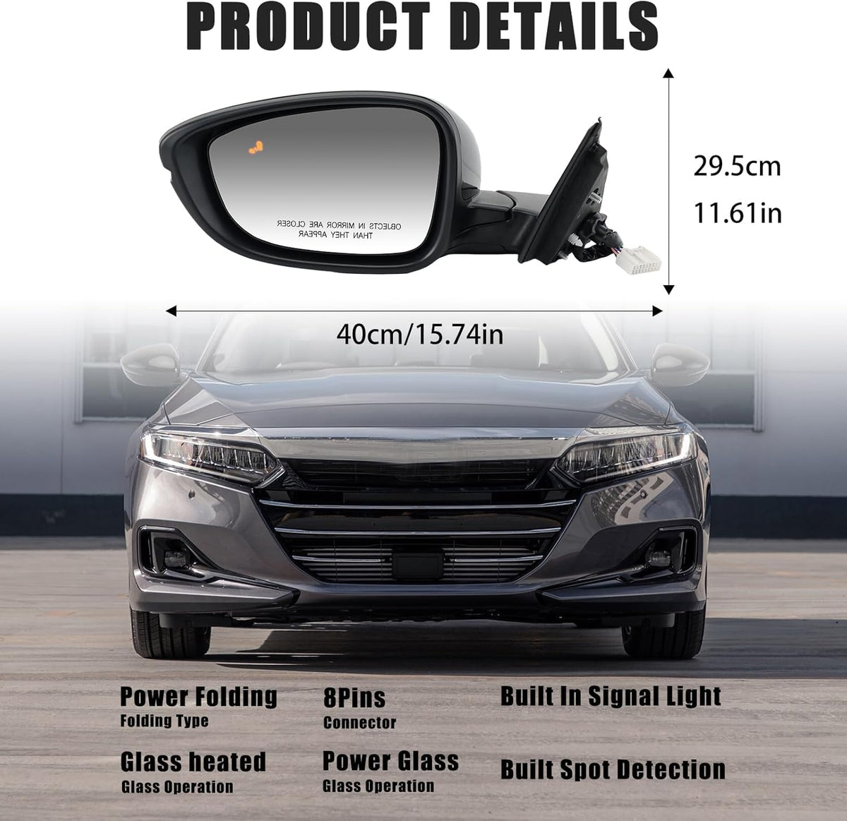Left Driver Side Mirror Compatible with Honda Accord 2018-2022 with Turn Signal Light Power Glass Heated with Blind Spot Detection 8-Pins Replaces 76251TVAA31ZJ | 76258TVAA42