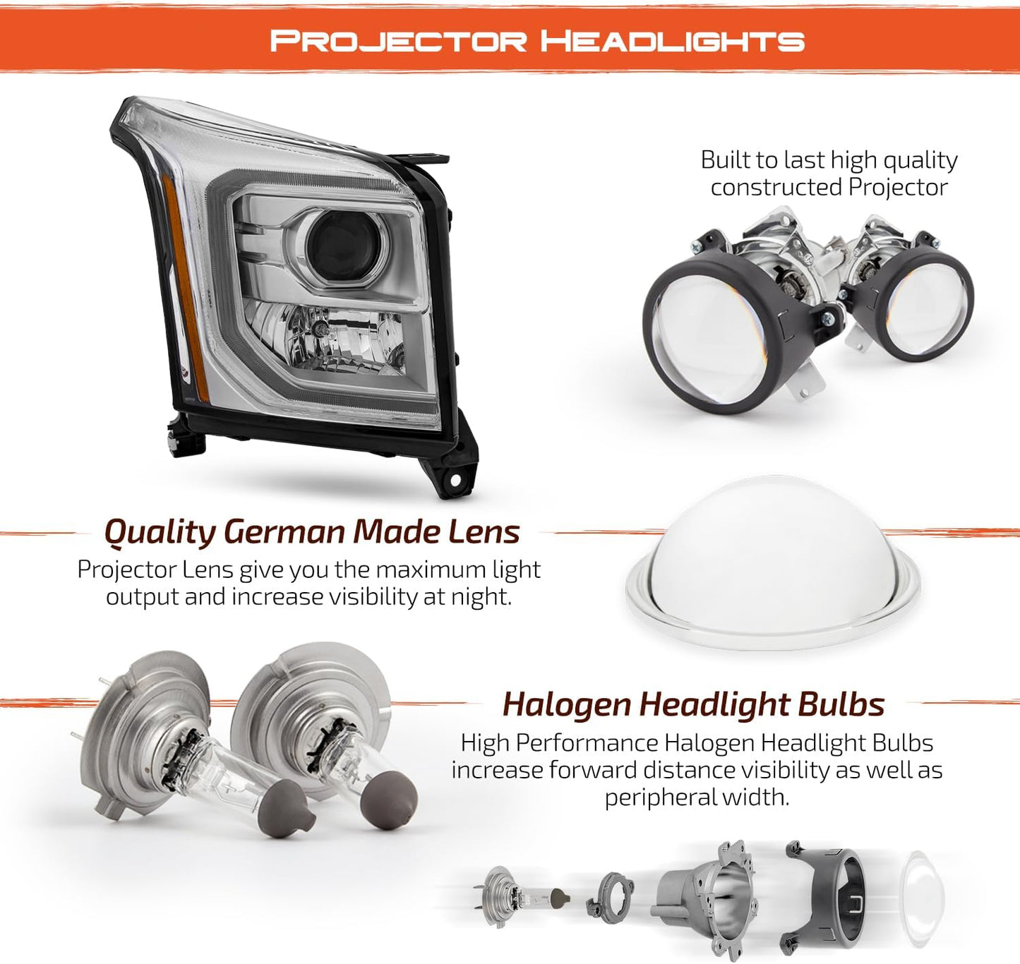 - for 2015-2020 GMC Yukon XL SLT/SLE Projector Headlights | Halogen Type W/Led Tube Turn Signal Headlamp OE Style Chrome Housing Driver and Passenger Side