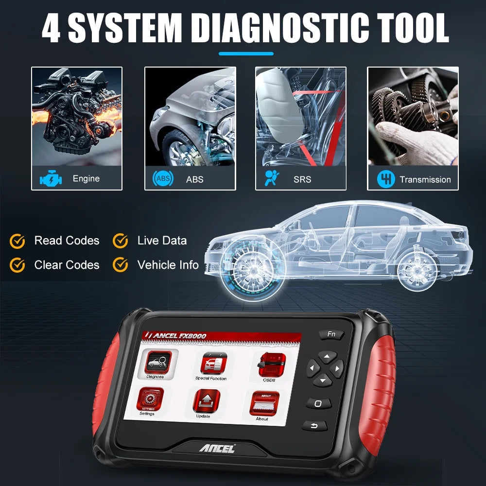 FX8000-I OBD2 Scanner Four Systems Diagnostic Scan Tool ABS SRS Gearbox Engine OBDII Code Reader Car Scanner Oil Reset Service Automotive EOBD OBD Diagnostic Scanner Auto VIN Free Update 7Inch
