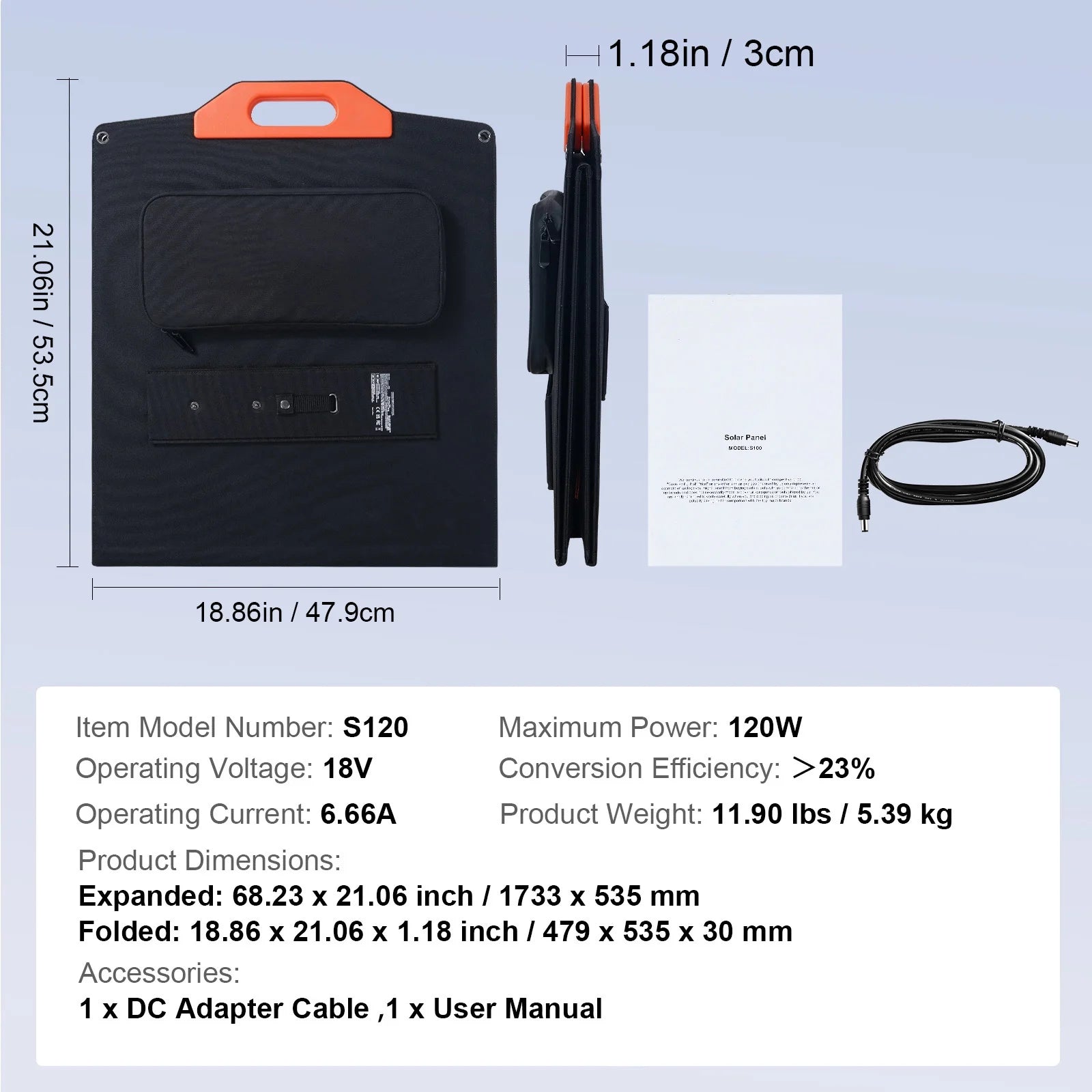 Compact Monocrystalline Solar Panel, 120W Folding ETFE Solar Charger, 23% Efficiency with Type C, DC 18V, QC3.0 USB, IP67 Waterproof for Residential, Remote Locations, Trekking