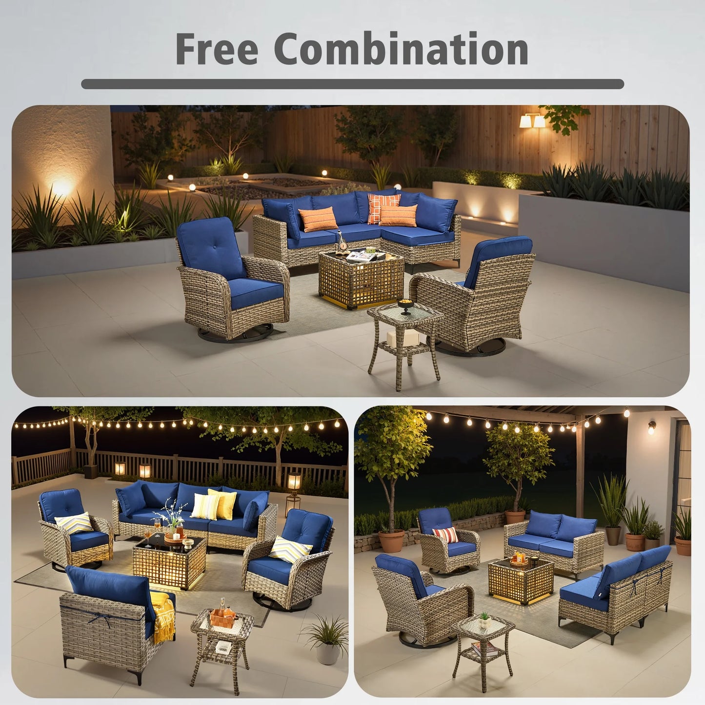 8 Pieces Patio Furniture Outdoor Conversation Set Rattan Wicker outside Sectional Sofa with Swivel Chairs & Solar Light Table, Navy Blue