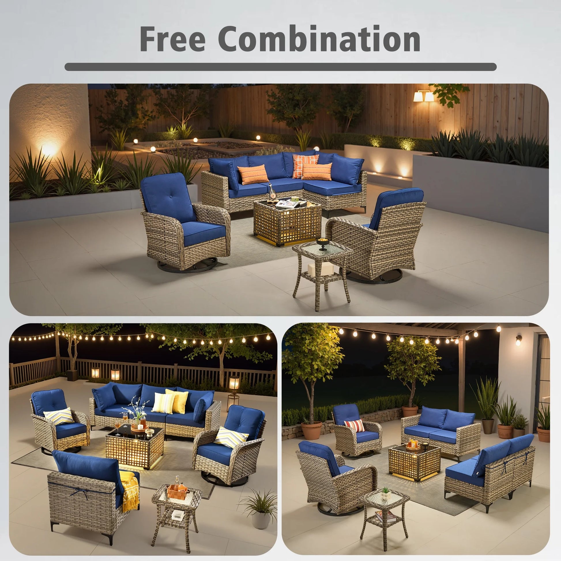 8 Pieces Patio Furniture Outdoor Conversation Set Rattan Wicker outside Sectional Sofa with Swivel Chairs & Solar Light Table, Navy Blue