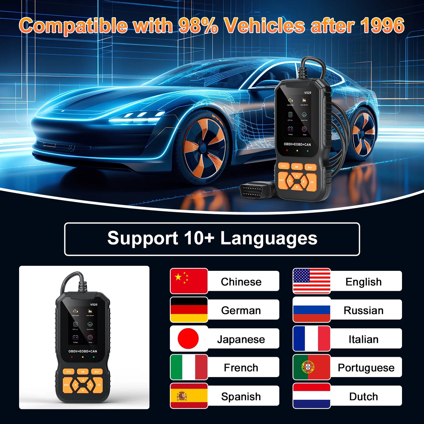 V520 OBD2 Scanner Professional Auto Tool for All Vehicles Live Data ,Universal Check Engine Car Code Reader /Erase Fault Code,35,901 Dtcs,Cloud Data Print,Voltage Test