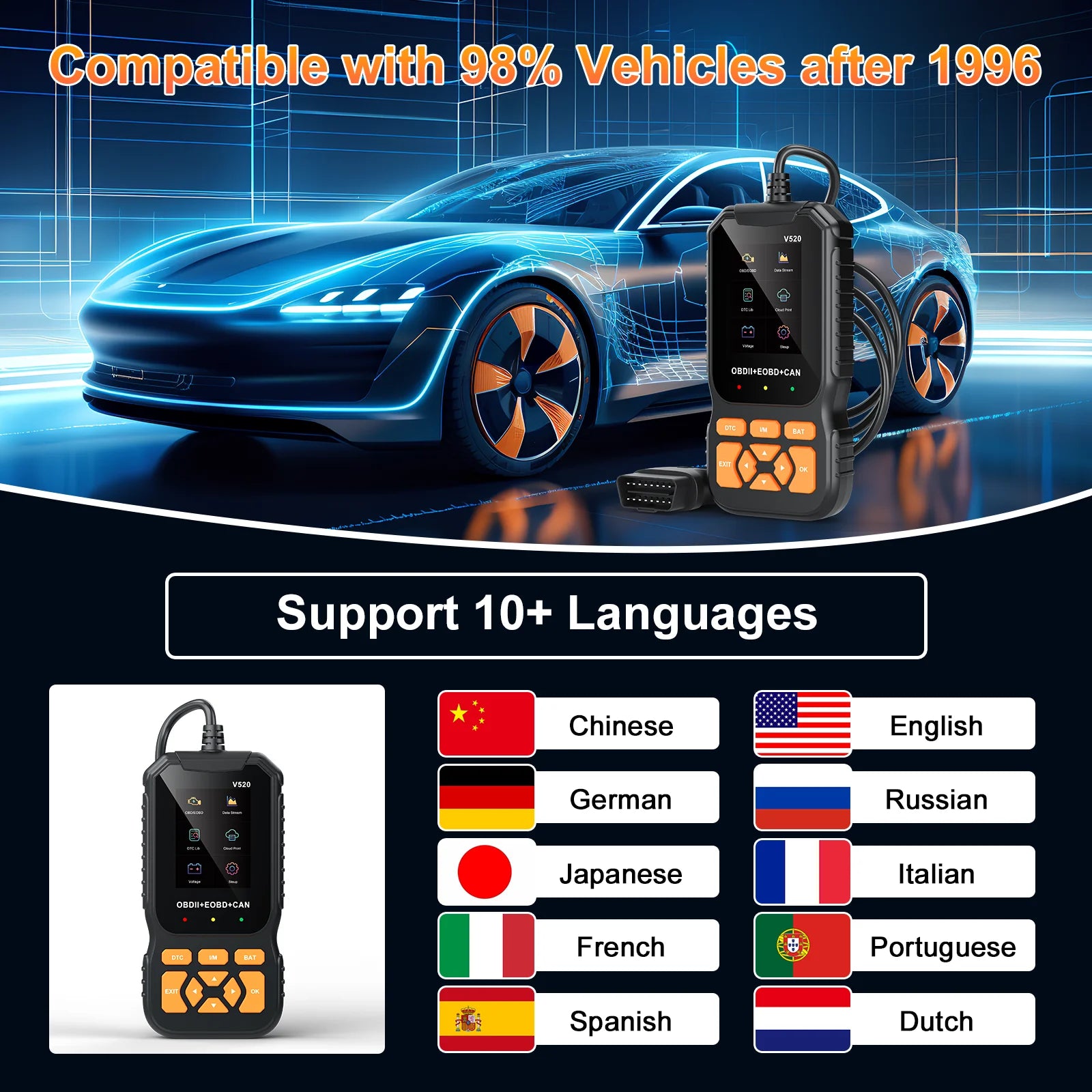 V520 OBD2 Scanner Professional Auto Tool for All Vehicles Live Data ,Universal Check Engine Car Code Reader /Erase Fault Code,35,901 Dtcs,Cloud Data Print,Voltage Test