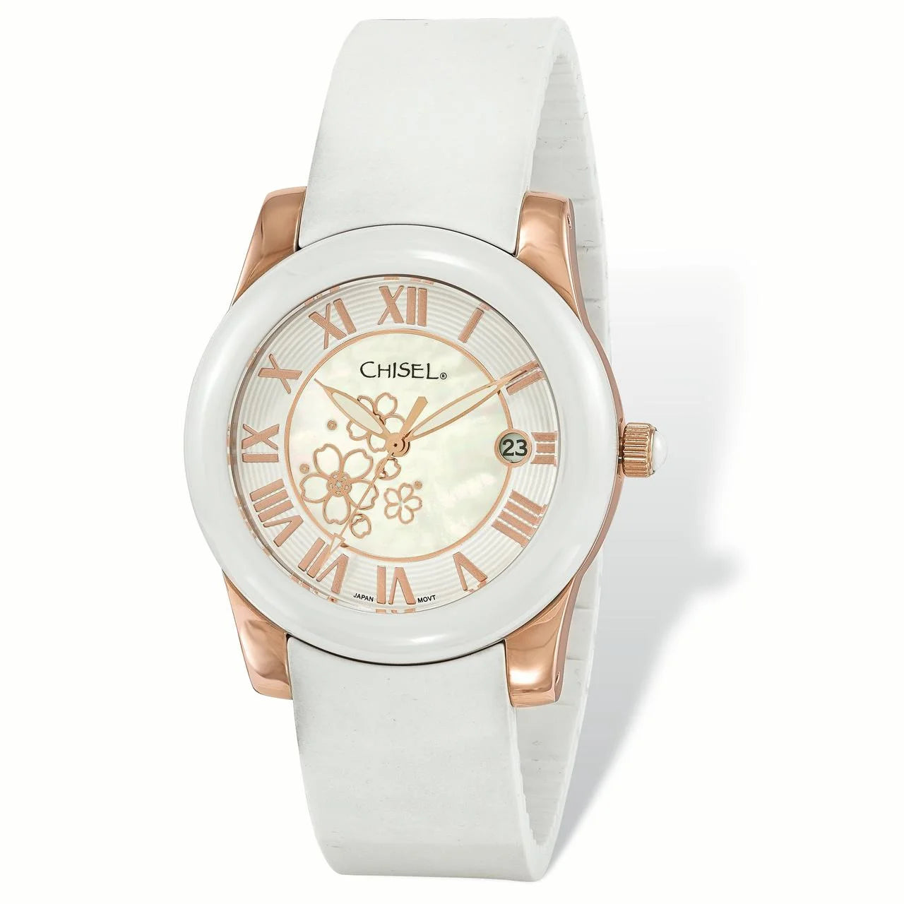 Ladies Chisel Rose Ip-Plated Floral Dial White Strap Watch