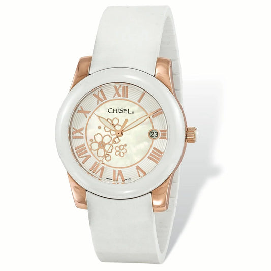 Ladies Chisel Rose Ip-Plated Floral Dial White Strap Watch