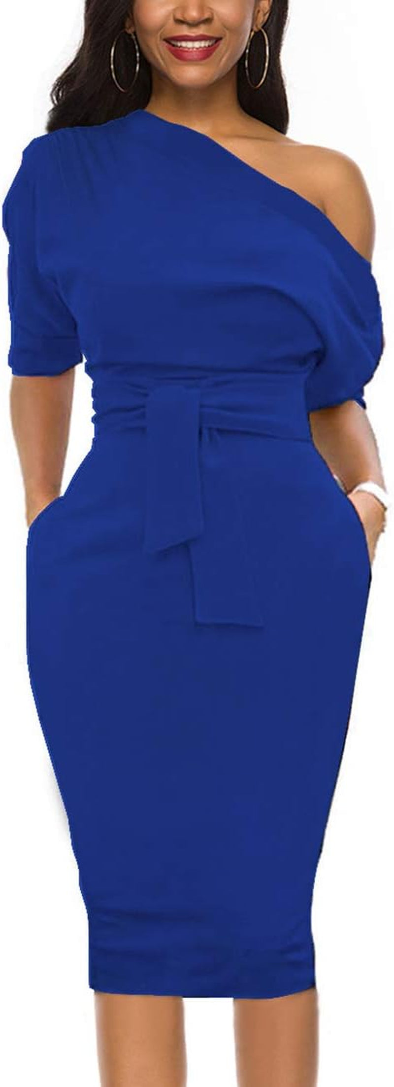 Elegant Womens Wear to Work Casual One Shoulder Belted Pencil Dress with Pockets