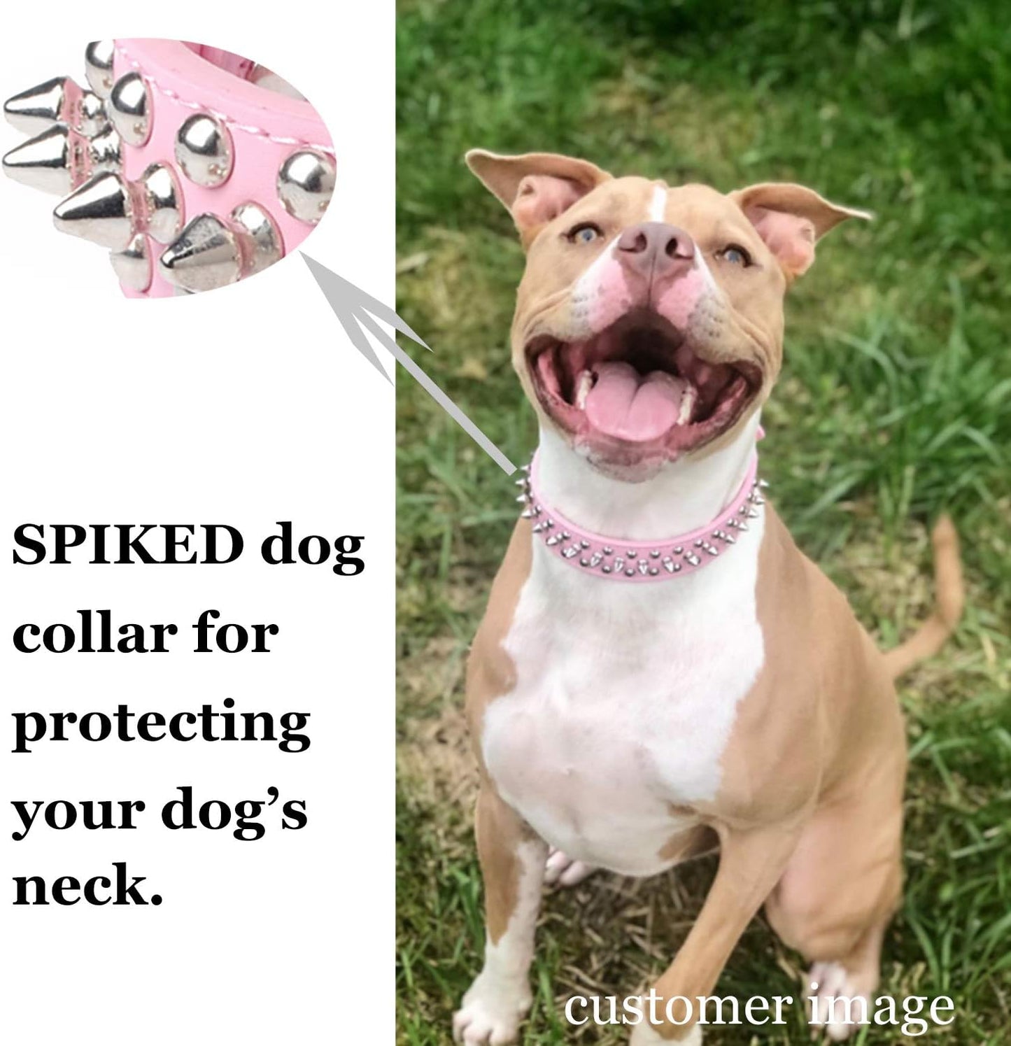 Adjustable Leather Spiked Studded Dog Collars with a Squeak Ball Gift for Small Medium Large Pets like Cats/Pit Bull/Bulldog/Pugs/Husky, Pink, L(15"-18.5")