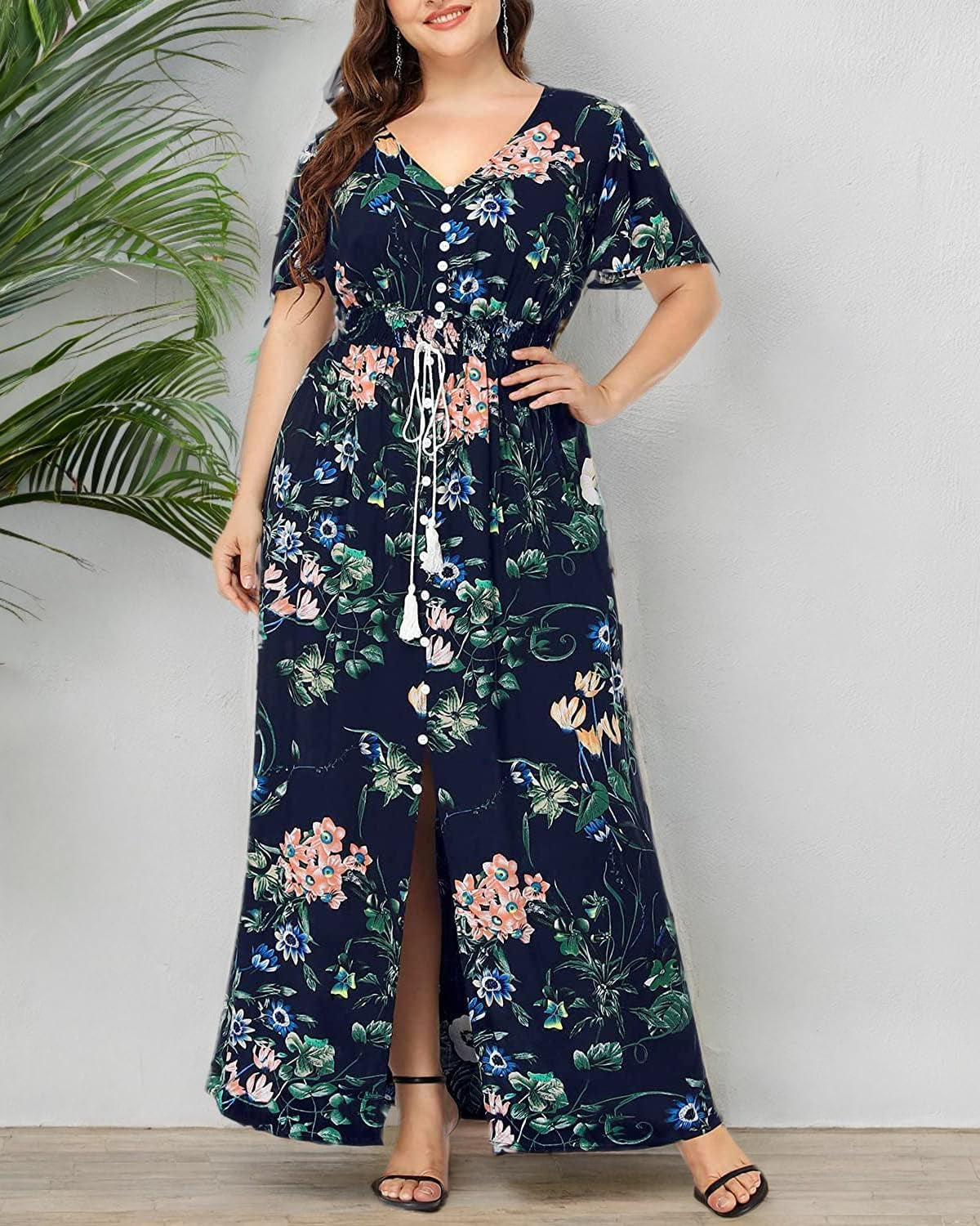 Women'S plus Size Floral Print Button up Short Sleeve Split Flowy Beach Party Maxi Dress