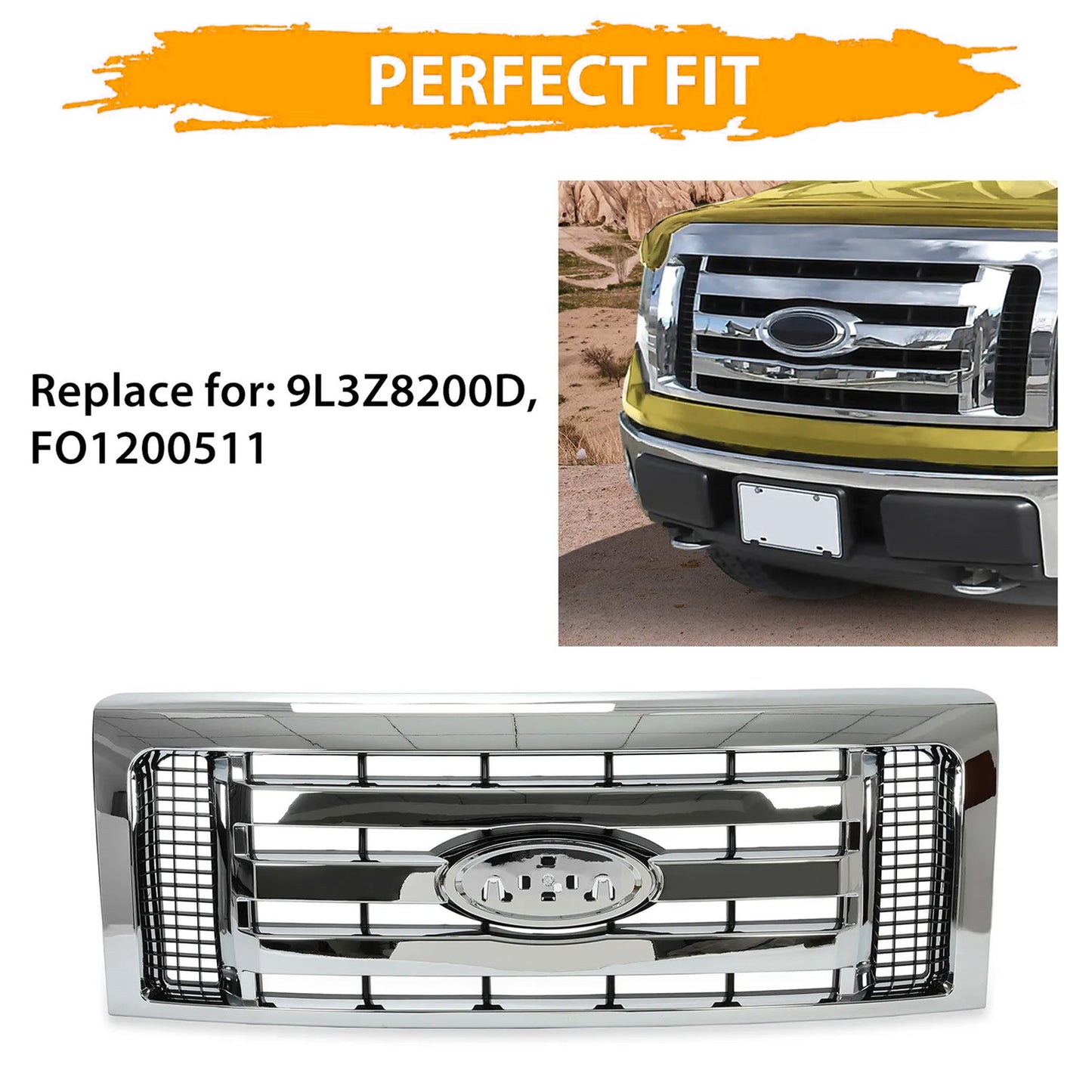 For 2009-2012 13 14 Ford F-150 F150 XLT Grille Grill Front Upper Bumper Chrome