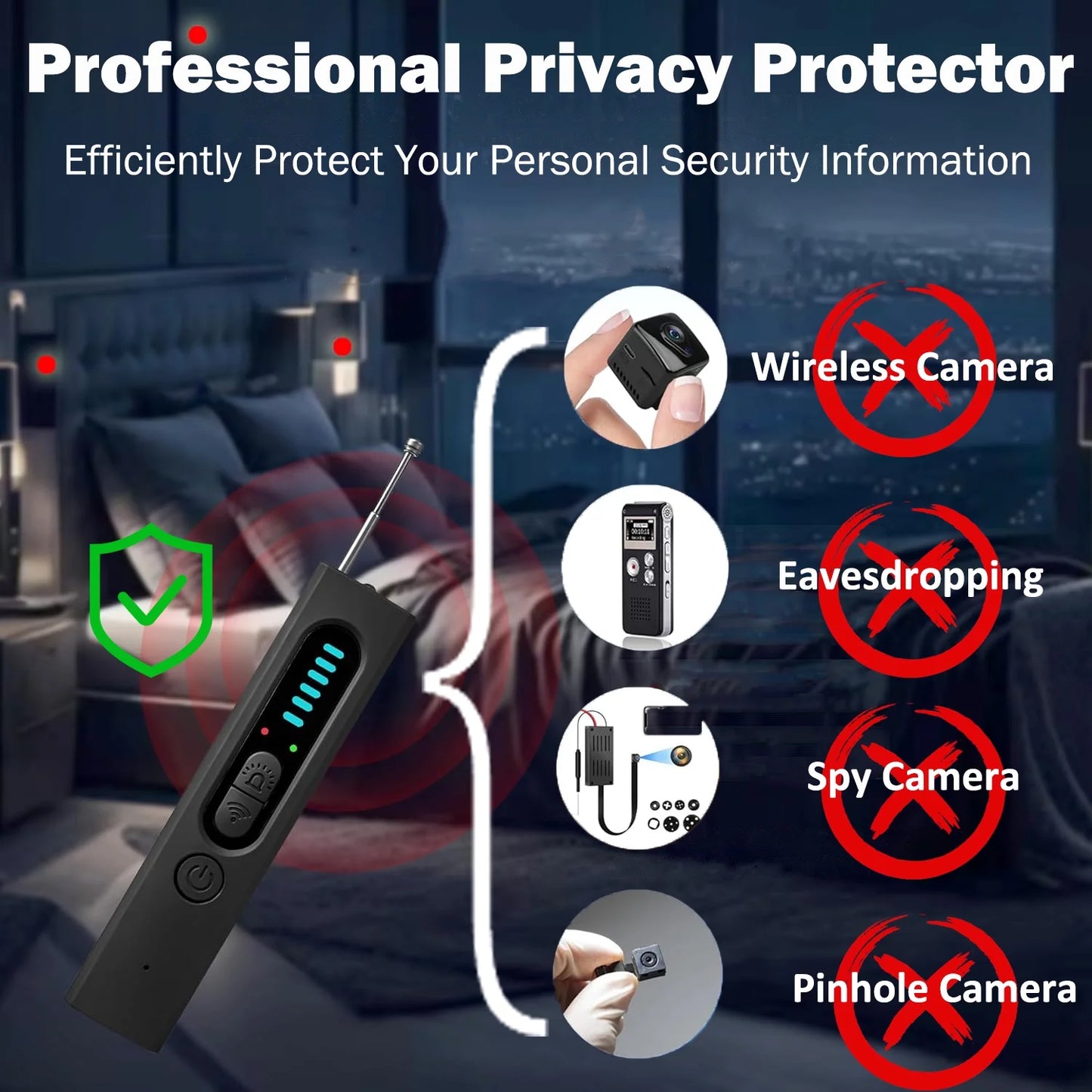 Hidden Camera Detector: Bug anti Spy Detector, RF Signal Scanner Device for GPS Tracker, 5 Levels Sensitivity (Black)