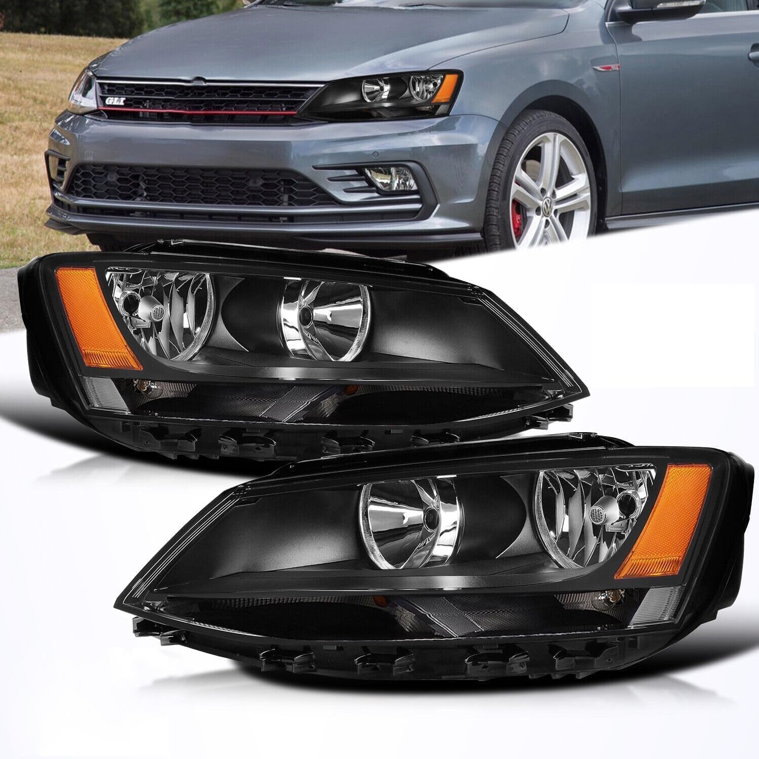 Headlights Assembly Black Housing Compatible with 2011-2018 Volkswagen Jetta MK6 Sedan & Hatchback without DRL, Halogen Headlamp Driver & Passenger Side