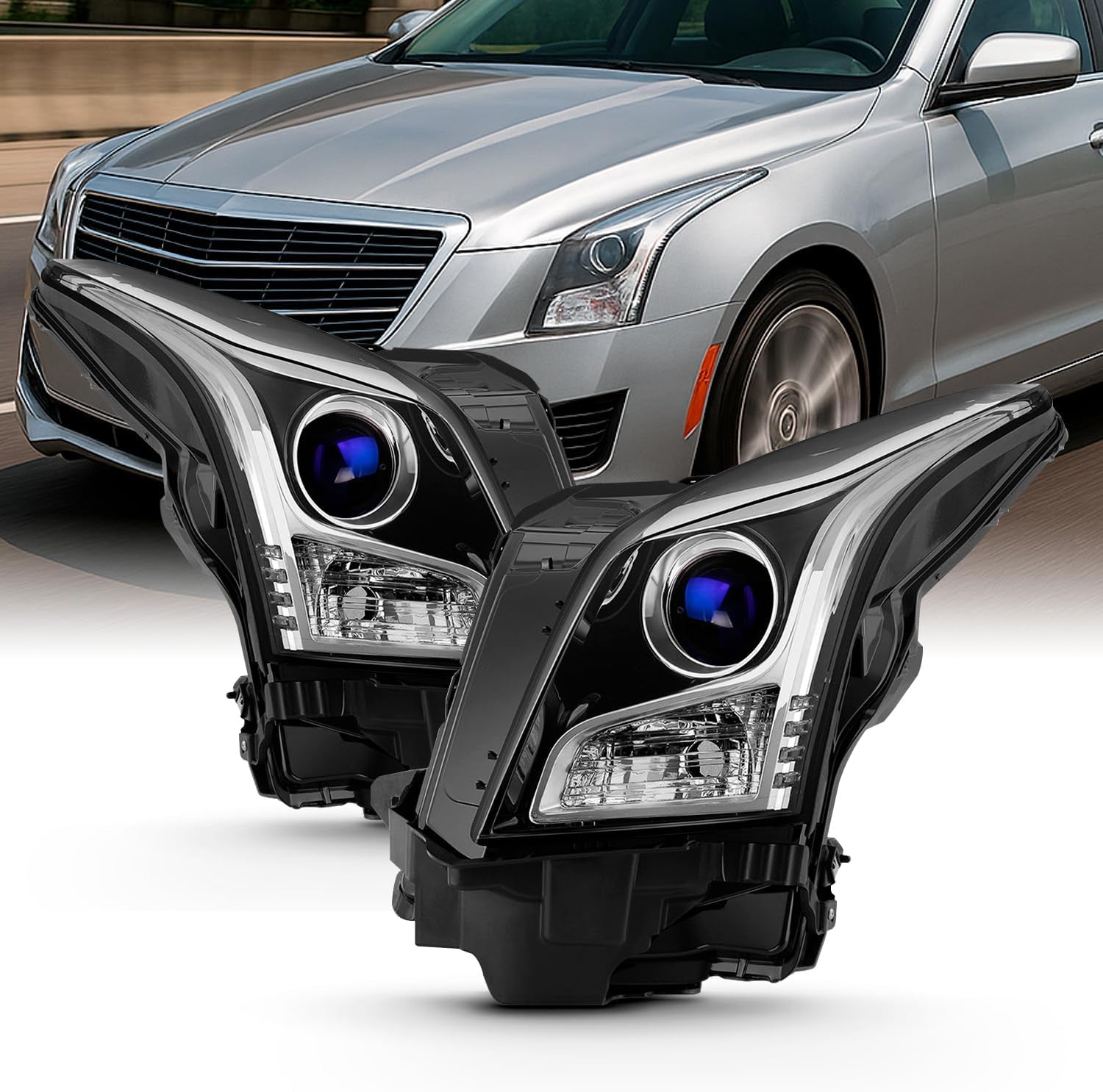 - for 2013-2018 Cadillac ATS Sedan Projector Headlights | [Halogen Model Only] OE Factory Style Chrome Housing Clear Lens Driver and Passenger Side Direct Replacement